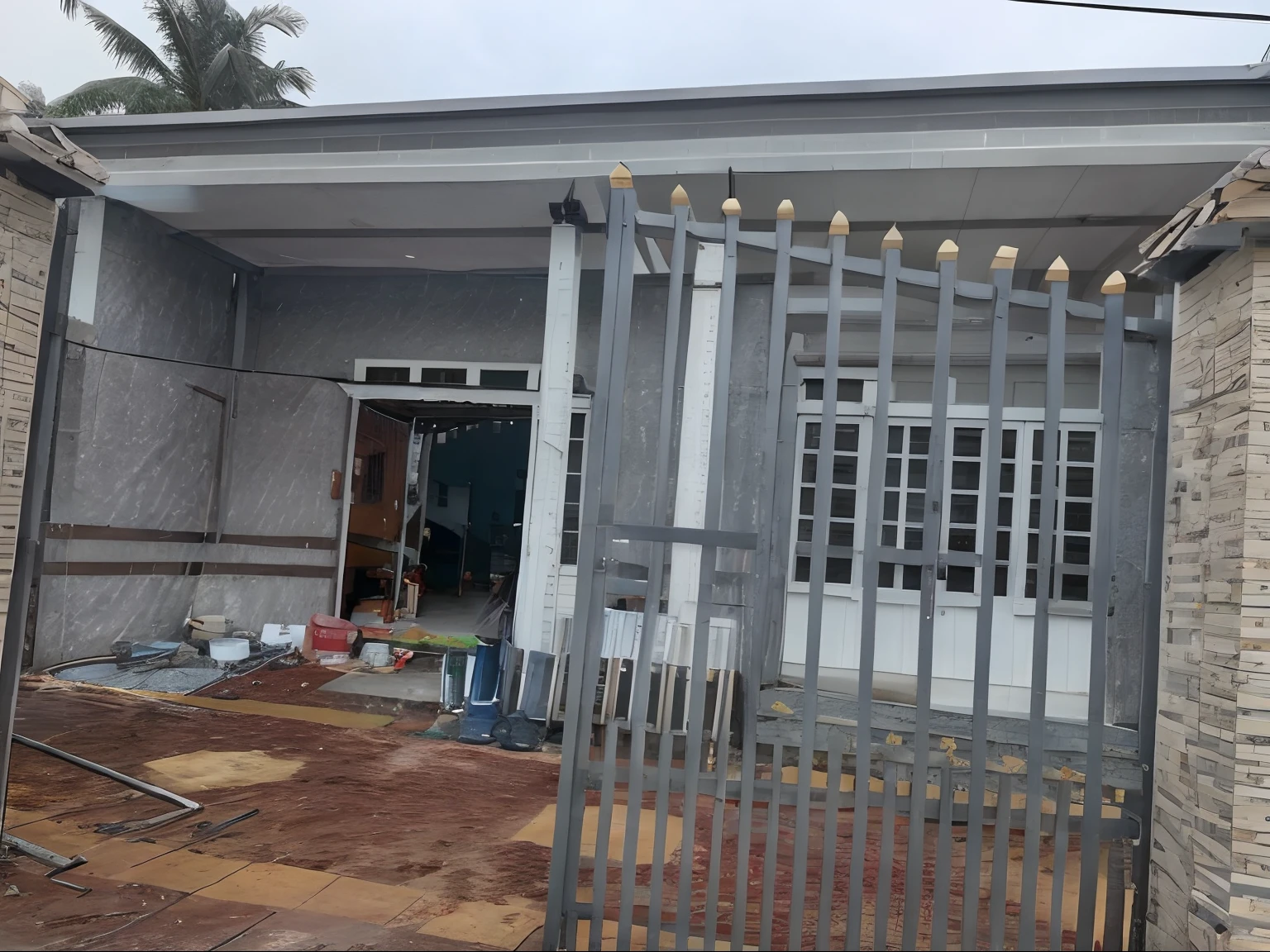 there is a gate that is open to a house, frontview, front side, front view, front-view, front side view, complete house, outside view, frontal picture, photo taken in 2 0 2 0, pvc, front profile, exterior view, front top side view, facing front, beautiful masterpiece, very powerful, front view dramatic, very beautiful masterpiece