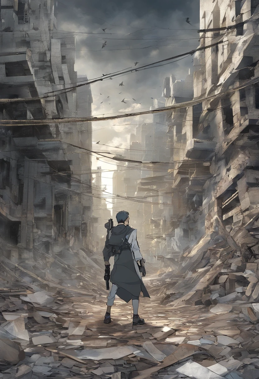 Create an image of a post-apocalyptic scenario:

1. Fundo:
   - Defina um fundo sombrio e desolado, Depicting a world in ruins.
   - Use grayish and dark tones to convey the decadence of the room.
   - Add corroded buildings to the background, partially destroyed.

2. personagem:
   - Adicione a figura de Finn O'Connor, um jovem de quatorze anos, Em primeiro plano.
   - Describe your white hair that goes down to your waist, com uma mecha preta distinta.
   - Dress him up in shabby boots and a vest that resembles a fusion of technology and flesh.

3. Ambiente:
   - Create a street full of shards of glass and concrete beneath Finn's feet.
   - Represent the shabby boots by smashing the wreckage, levantando nuvens de poeira.
   - Add debris from surrounding buildings, Hinting at a devastated scenario.

4. este:
   - Mostre Finn passando os dedos pelos entulhos, Capturing the rough and dirty texture.
   - Display the dust rising from the wreckage, Indicating the decay of the world.

Be sure to capture the dark and desolate atmosphere of the setting and Finn's presence as the main character. Use tones and textures to convey a sense of abandonment and despair.