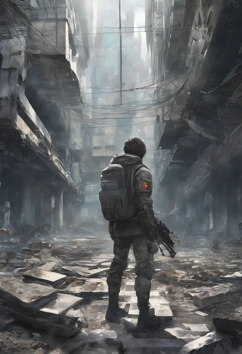 Create an image of a post-apocalyptic scenario:
1. Fundo:
- Defina um fundo sombrio e desolado, Depicting a world in ruins.
- Use grayish and dark tones to convey the decadence of the room.
- Add corroded buildings to the background, partially destroyed.
2. personagem:
- Adicione a figura de Finn O'Connor, um jovem de quatorze anos, Em primeiro plano.
- Describe your white hair that goes down to your waist, com uma mecha preta distinta.
- Dress him up in shabby boots and a vest that resembles a fusion of technology and flesh.
3. Ambiente:
- Create a street full of shards of glass and concrete beneath Finn's feet.
- Represent the shabby boots by smashing the wreckage, levantando nuvens de poeira.
- Add debris from surrounding buildings, Hinting at a devastated scenario.
4. este:
- Mostre Finn passando os dedos pelos entulhos, Capturing the rough and dirty texture.
- Display the dust rising from the wreckage, Indicating the decay of the world.
Be sure to capture the dark and desolate atmosphere of the setting and Finn's presence as the main character. Use tones and textures to convey a sense of abandonment and despair.