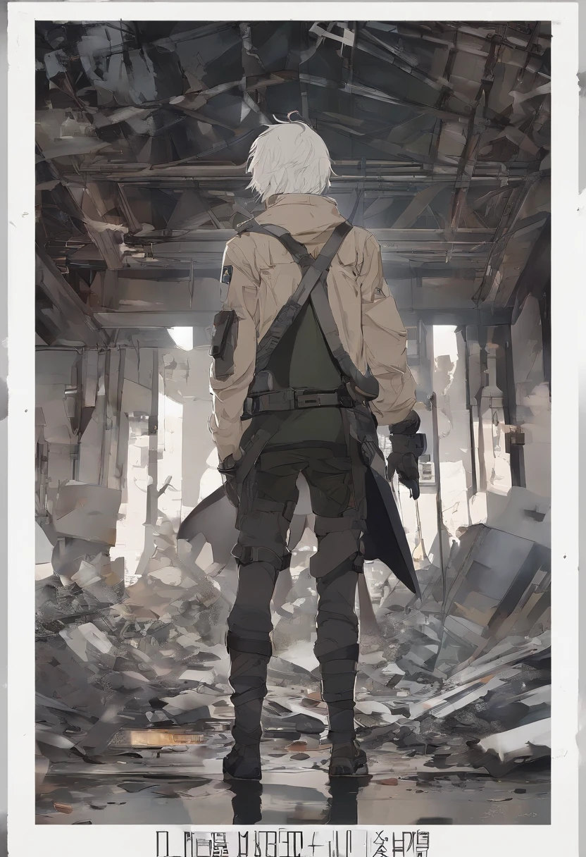 Create an image of a post-apocalyptic scenario:
1. Fundo:
- Defina um fundo sombrio e desolado, Depicting a world in ruins.
- Use grayish and dark tones to convey the decadence of the room.
- Add corroded buildings to the background, partially destroyed.
2. personagem:
- Adicione a figura de Finn O'Connor, um jovem de quatorze anos, Em primeiro plano.
- Describe your white hair that goes down to your waist, com uma mecha preta distinta.
- Dress him up in shabby boots and a vest that resembles a fusion of technology and flesh.
3. Ambiente:
- Create a street full of shards of glass and concrete beneath Finn's feet.
- Represent the shabby boots by smashing the wreckage, levantando nuvens de poeira.
- Add debris from surrounding buildings, Hinting at a devastated scenario.
4. este:
- Mostre Finn passando os dedos pelos entulhos, Capturing the rough and dirty texture.
- Display the dust rising from the wreckage, Indicating the decay of the world.
Be sure to capture the dark and desolate atmosphere of the setting and Finn's presence as the main character. Use tones and textures to convey a sense of abandonment and despair.