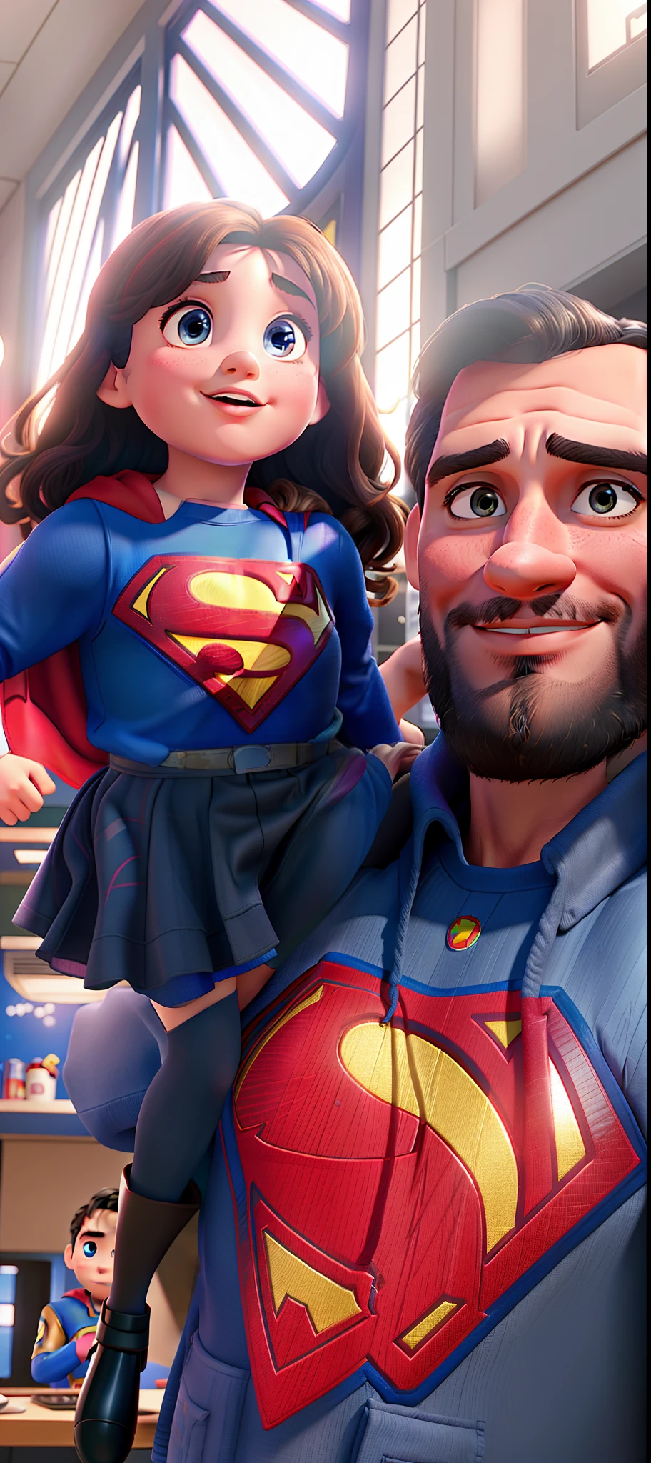 Superman daddy and 4--old ghter Supergirl with 
the outer space background in the Pixar Disney style