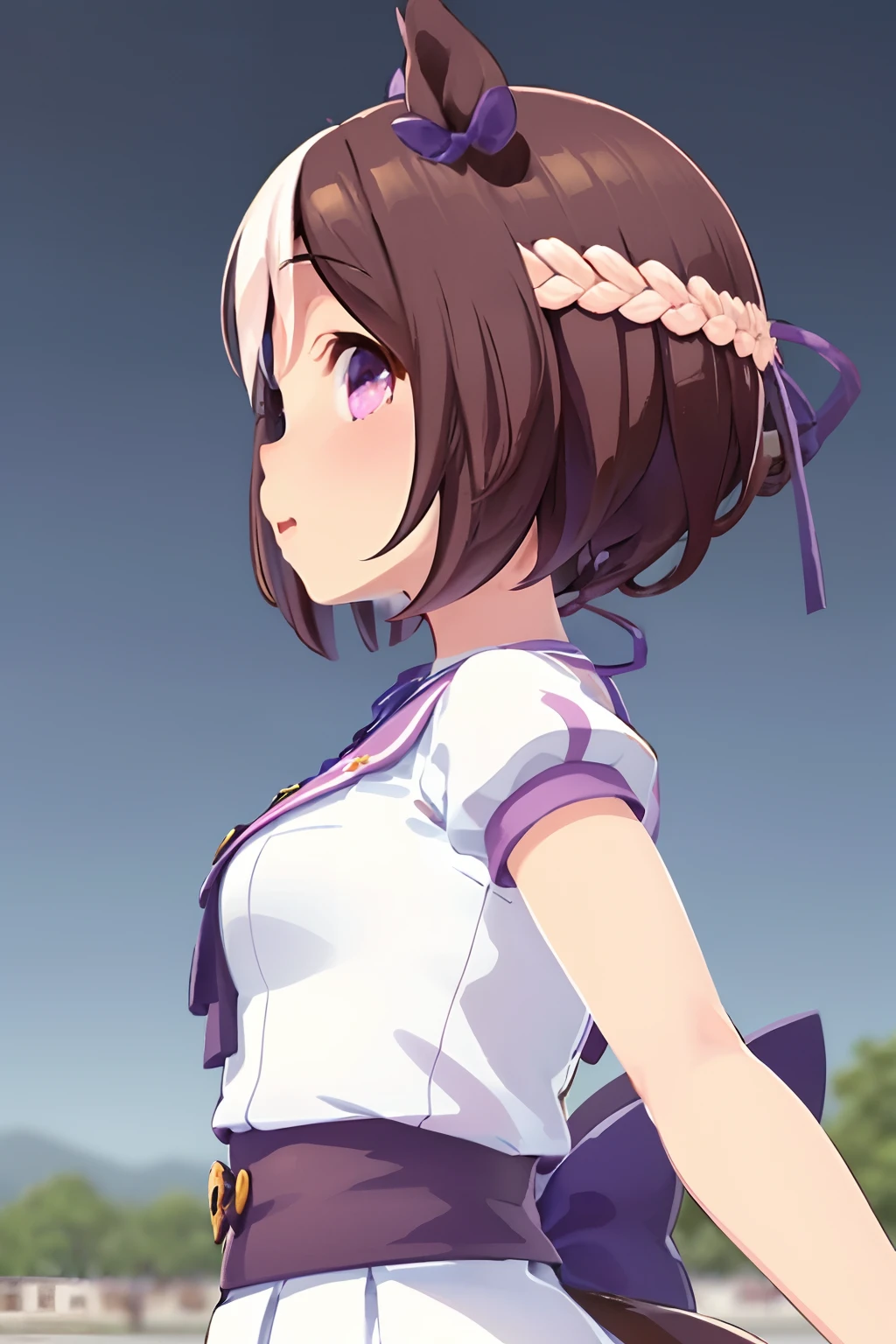 special_week_\(umamusume)、4years old、puffy short sleeves、bow ribbon、full bodyesbian、overall、happiness、JINS、(front-facing view:1.3)、Round little face、cute little、Professional Drawing、Mother、countryside、hiquality、Pukpuk、chiquita