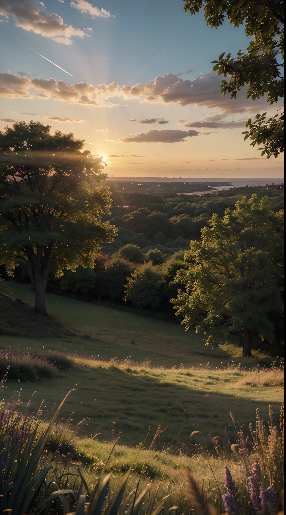 Anime, landscape, sunset, vibrant colors, detailed grass and trees, sparkling water, breathtaking view, 8k, realistic lighting