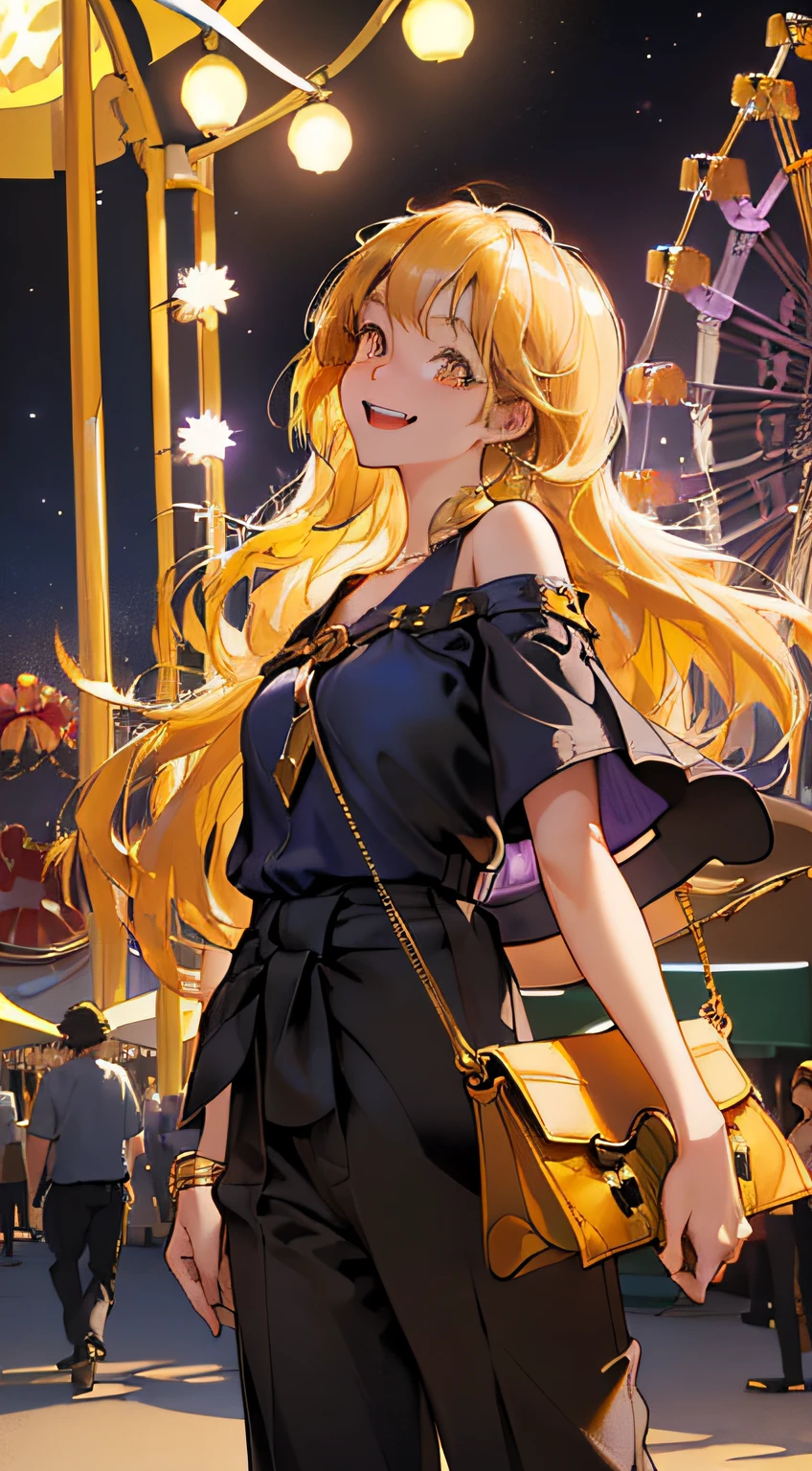 highres, ultra detailed, 1girl, solo, extremely detailed eyes, (Gold colored hair:1.5) ,long hair, (straight waist-length gold colored hair:1.5) ,(Anti-flash white-colored eyes:1.5) , ulzzang , she is wearing a ((Heliotrope colored Short Sleeve Oversized  :1.5)) , she wearing a (( Rich Black colored Womens Casual Wide Leg trousers :1.5)) ,((Dark Indigo colored Casual  Shoulder Handbag:1.5))    , focusing on the face  , ( amusement park at night background:1.5) ,(( crowd))  ,look at viewer  ,laugh , excited  emotion , cute pose , view from the back , close up view , cowboy shot