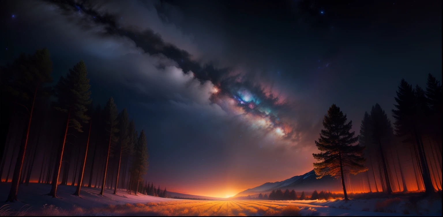 Forests open field nighttime ultra hd hyper realistic photorealistic milky way millions of stars shining in the sky illuminating scenery 8k