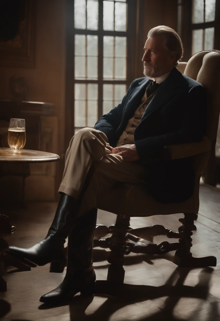 Vieux monsieur avec une barbiche,Sitting on a chair,Les yeux regardent les bottes,Bottes de pluie noires brillantes, 8k resolution,Wallpaper Masterpiece,Best quality,Very meticulous,ultra high quality,The midday sun is a bit dazzling。