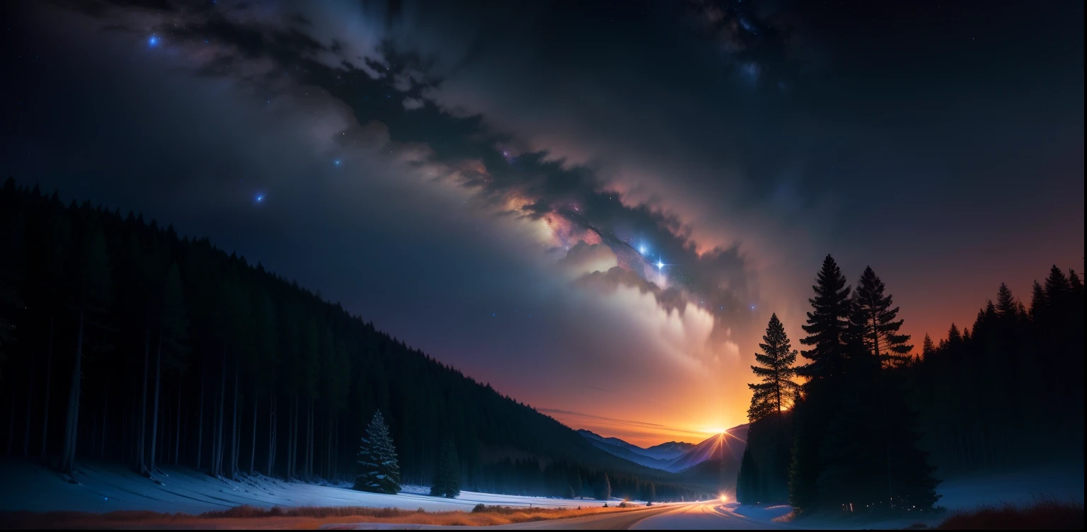 Forests open field nighttime ultra hd hyper realistic photorealistic milky way millions of stars shining in the sky illuminating scenery 8k