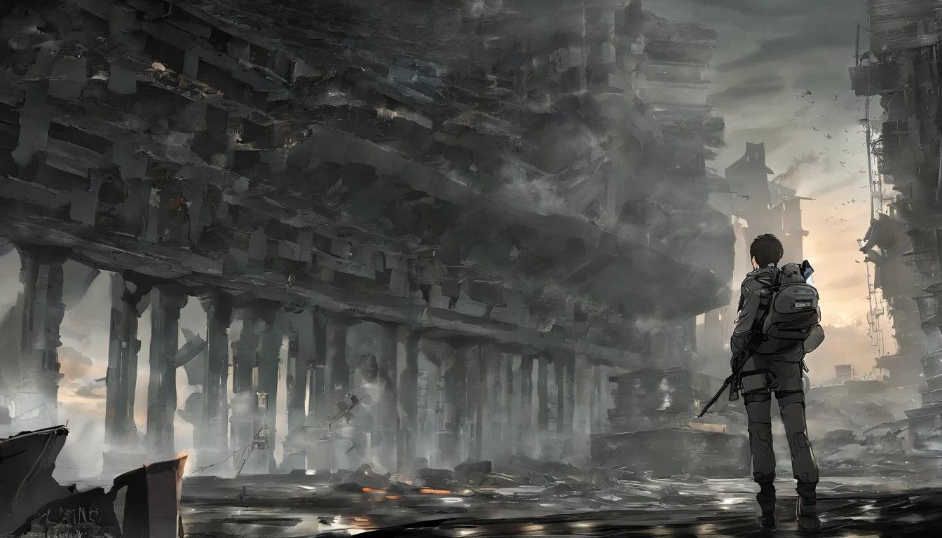 Create an image of a post-apocalyptic scenario:
1. Fundo:
- Defina um fundo sombrio e desolado, Depicting a world in ruins.
- Use grayish and dark tones to convey the decadence of the room.
- Add corroded buildings to the background, partially destroyed.
2. personagem:
- Adicione a figura de Finn O'Connor, um jovem de quatorze anos, Em primeiro plano.
- Describe your white hair that goes down to your waist, com uma mecha preta distinta.
- Dress him up in shabby boots and a vest that resembles a fusion of technology and flesh.
3. Ambiente:
- Create a street full of shards of glass and concrete beneath Finn's feet.
- Represent the shabby boots by smashing the wreckage, levantando nuvens de poeira.
- Add debris from surrounding buildings, Hinting at a devastated scenario.
4. Este:
- Mostre Finn passando os dedos pelos entulhos, Capturing the rough and dirty texture.
- Display the dust rising from the wreckage, Indicating the decay of the world.
Be sure to capture the dark and desolate atmosphere of the setting and Finn's presence as the main character. Use tones and textures to convey a sense of abandonment and despair.
