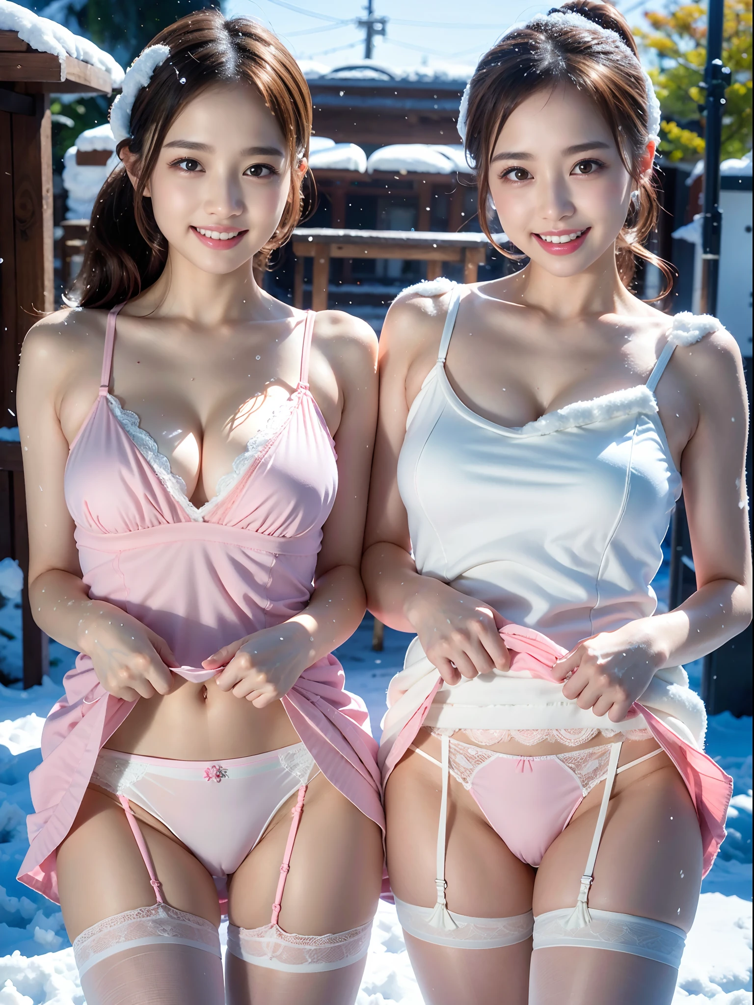 nsfw:1.2, Ordinary pantyhose、ultra-detailliert、masterpiece、top-quality、超A high resolution、in 8K、high-level image quality、Real live-action、Photogenic clarity、A detailed eye、gradients、perfect anatomy body proportions ,hard disk、nffsw , Nikon Z9 80mm Lens 、masutepiece、Cinematic lighting, Physically-based rendering, Award-winning, highlydetailed skin, extra detailed face, Eyes with beautiful details、White Lace Lingerie Panties、Minuscule panties、Fancy panties、Detailed panty patterns、panties focus、(((Pink cotton material tight mini skirt))), Light orange tank top、18 years old, adult woman, (Beautiful bright clear brown hair, High Ponytail、Looking at the camera、Daytime street、(((Beautiful alignment and snow-white teeth)))、Sparkling eyes、sparkly eyes、Shiny lips with lip gloss、too bright natural light、The Bright Sun、