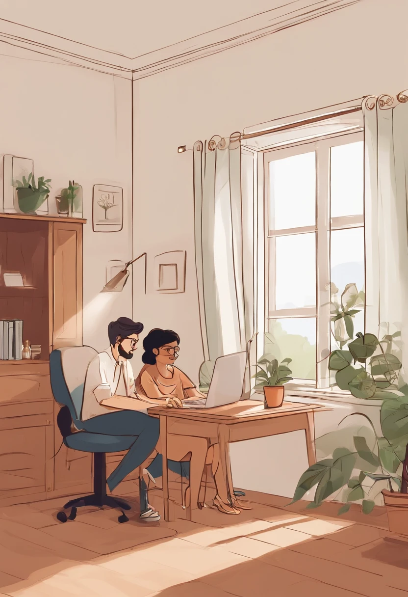 The setting takes place in a quiet and organized room. The table where the boy is sitting is a wooden desk, posicionada junto a uma parede branca. A table lamp with a soft light is lit, directing the proper lighting to the study space. O garoto, com cerca de 14 anos, is sitting in an ergonomic chair, with your feet firmly resting on the ground. He wears comfortable clothes, like a t-shirt and pants, and her hair is combed in a simple way. His facial expression is serious and focused, indicating that he is fully immersed in the study. Na frente do garoto, there's a laptop open and working. The monitor displays a page from a learning application or an educational website, with graphics, text and exercises related to the topic he is studying. O garoto usa um teclado e um mouse para interagir com o computador, making notes in a notebook next to it as you progress through the material. Sobre a mesa, there are some textbooks stacked, a notepad with colored pens and a glass of water to stay hydrated during the study. A wall clock on the opposite wall marks time, lembrando-o de administrar seu tempo de estudo de maneira eficiente. The room is quiet, com apenas o som suave do teclado do computador e o ocasional zumbido do ventilador do laptop. The window curtains are partially closed, filtrando a luz natural que entra, creating a pleasant and conducive atmosphere for concentration. --auto --s2