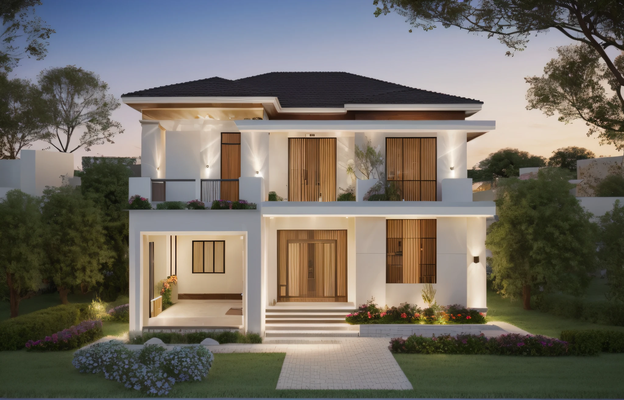 Realistic images, extremely detailed, a modern house, 1 road in font of house, large yard made by ceramic, (1 car), brick fence, lawn, a few small flowers, a road in front of the house, main materials of the house are white walls and red brick, Modern design, clear blue sky, sunrise light, light from inside, dynamic light,shimering light, cinematic light, romantic feeling, (((day light, warm light)))