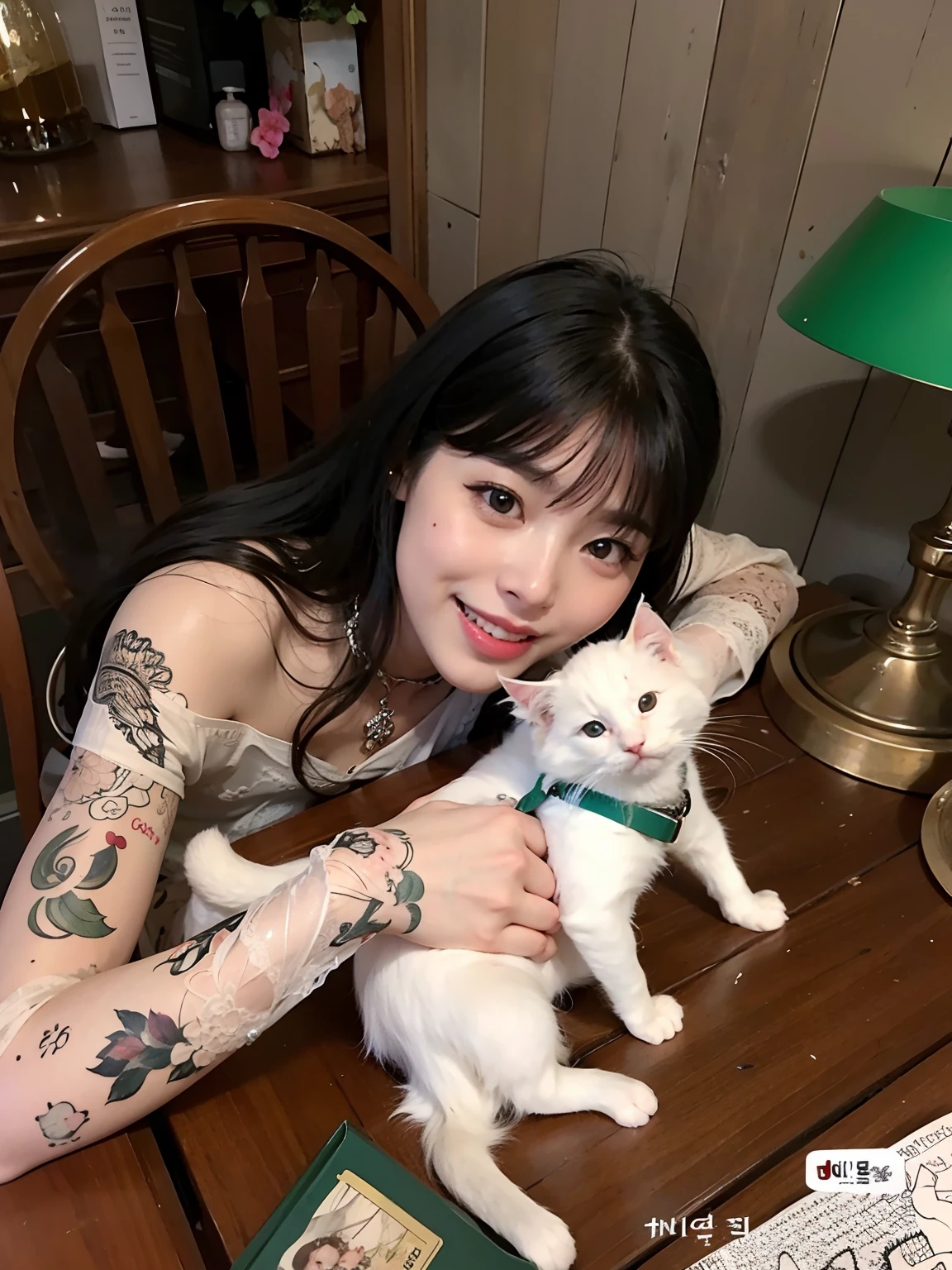 Woman with tattoo holding a white kitten on her arm, muito bonita gatinha fofa, com gato pequeno no colo, Nixeu e Sakimichan, menina gato atraente, com gatos ao seu lado, menina coreana, Branco ( Gato ) garota, Jaeyeon Nam, Shikami, there is a cat next to her, Heonhwa Choe