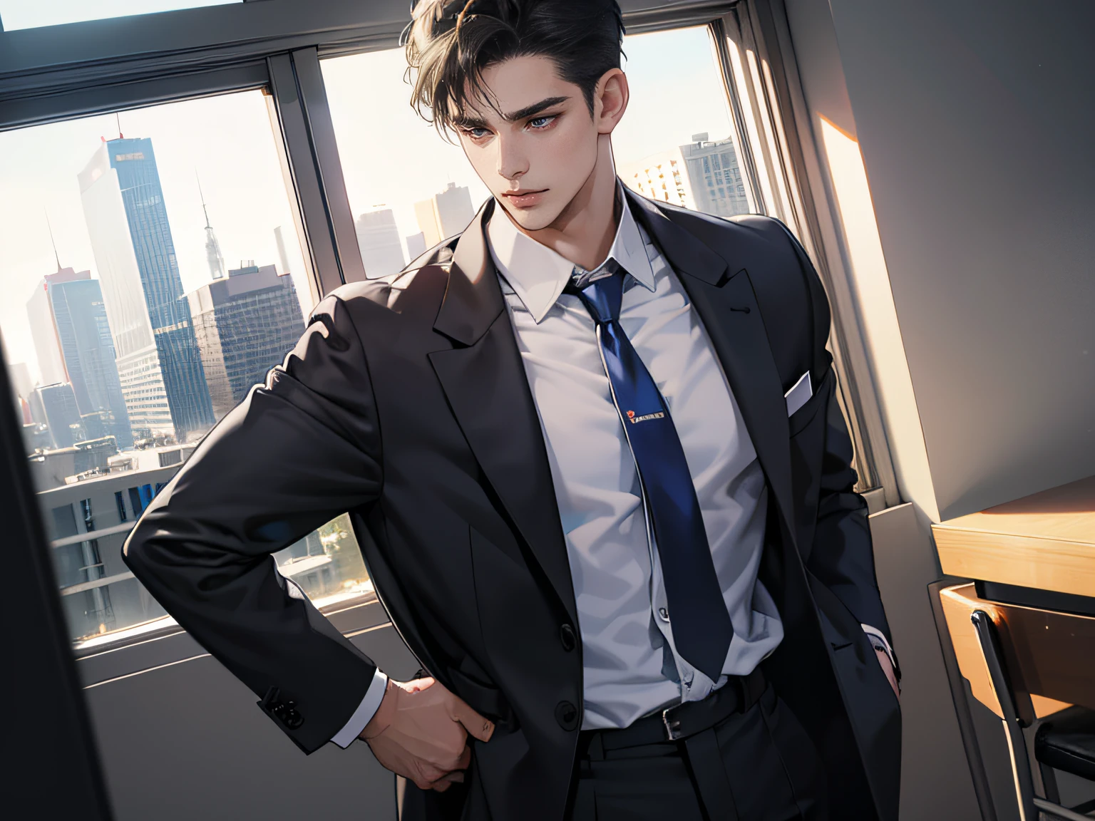 1boy, face focus, adult, business suit, jacket, white shirt, necktie, pants, best quality, hires, detailed face, office, buildings from window, detailed background, diffused sunlight, depth of field, bokeh