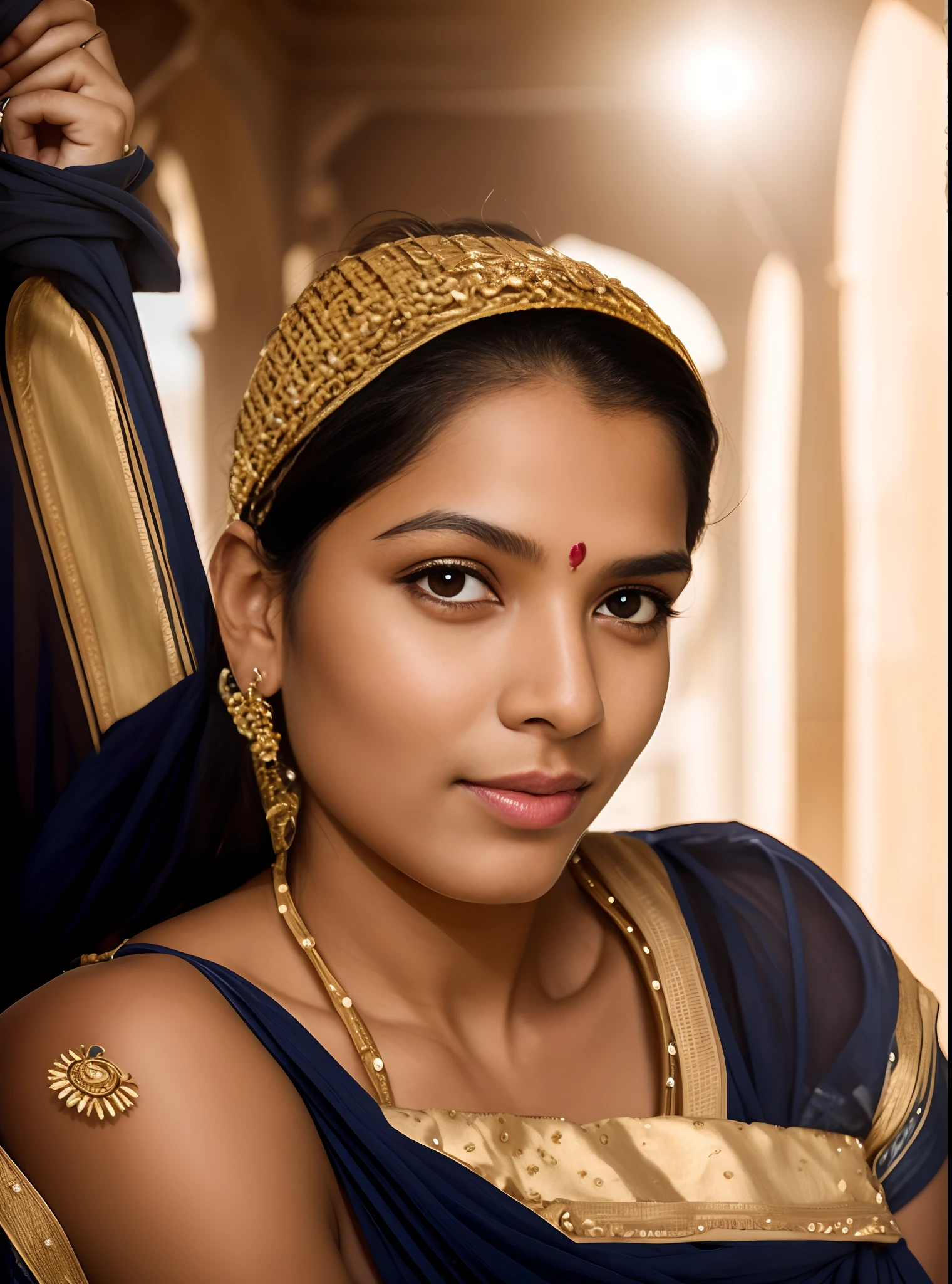 (beautiful Indian lady:0.99), (freckles:0.6), (big smile:0.99), (dark makeup:0.99), (hyperdetailed photography:0.99), (soft light:0.99), (head and shoulders portrait:0.99), (cover:0.99), (reflections:0.99),(highly detailed face), (facial-symmetry)