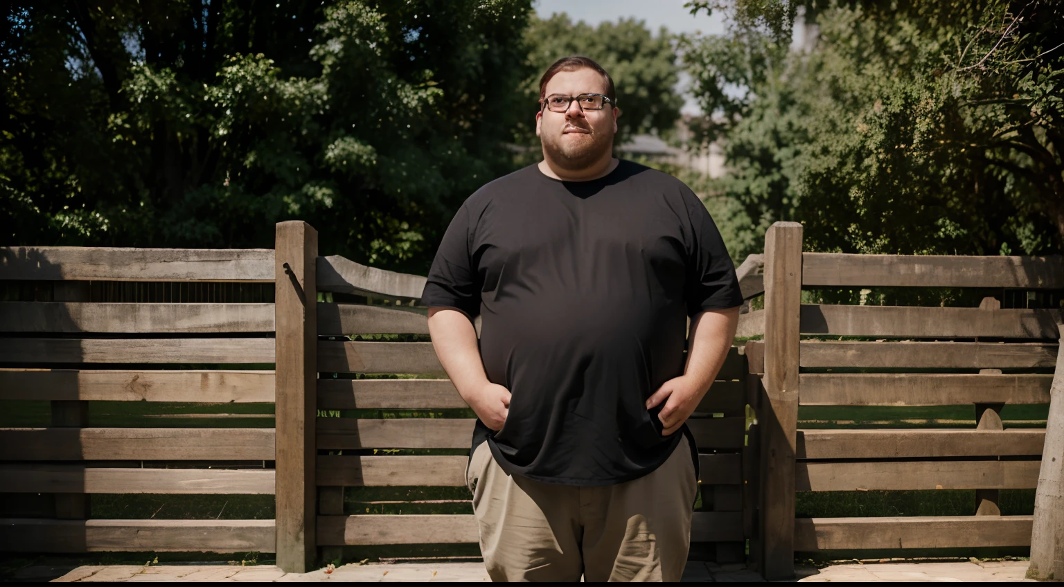 (Modern day obese nerd man) standing in front of ((medieval)) wooden palisade