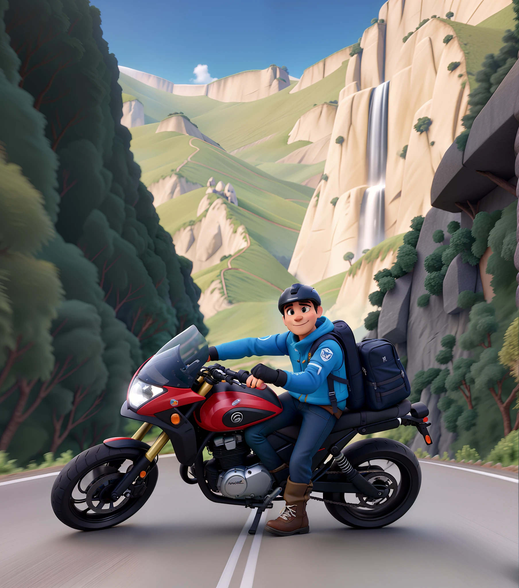 um homem em sua moto na serra do corvo branco com roupa de motoqueiro preta estilo pixar, alta qualidade, melhor qualidade