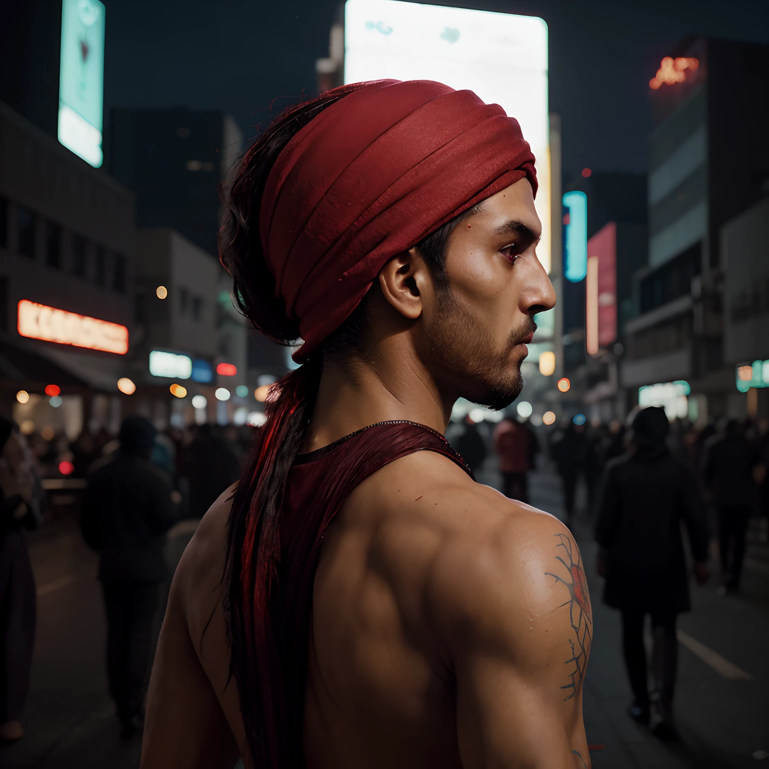 Night background cyberpunk red turban guy.  back pose. profile image