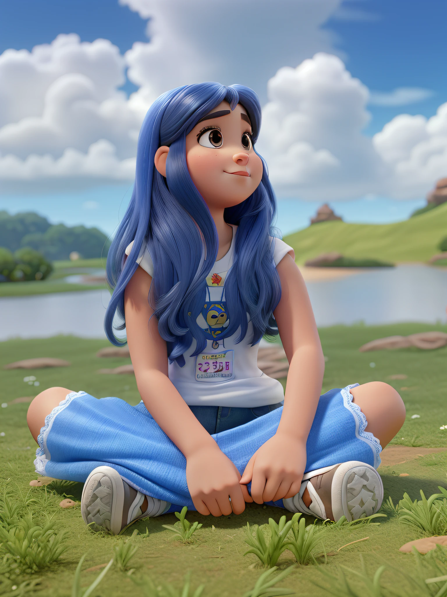 uma menina sentada na grama, estilo Disney pixar, alta qualidade, melhor qualidade