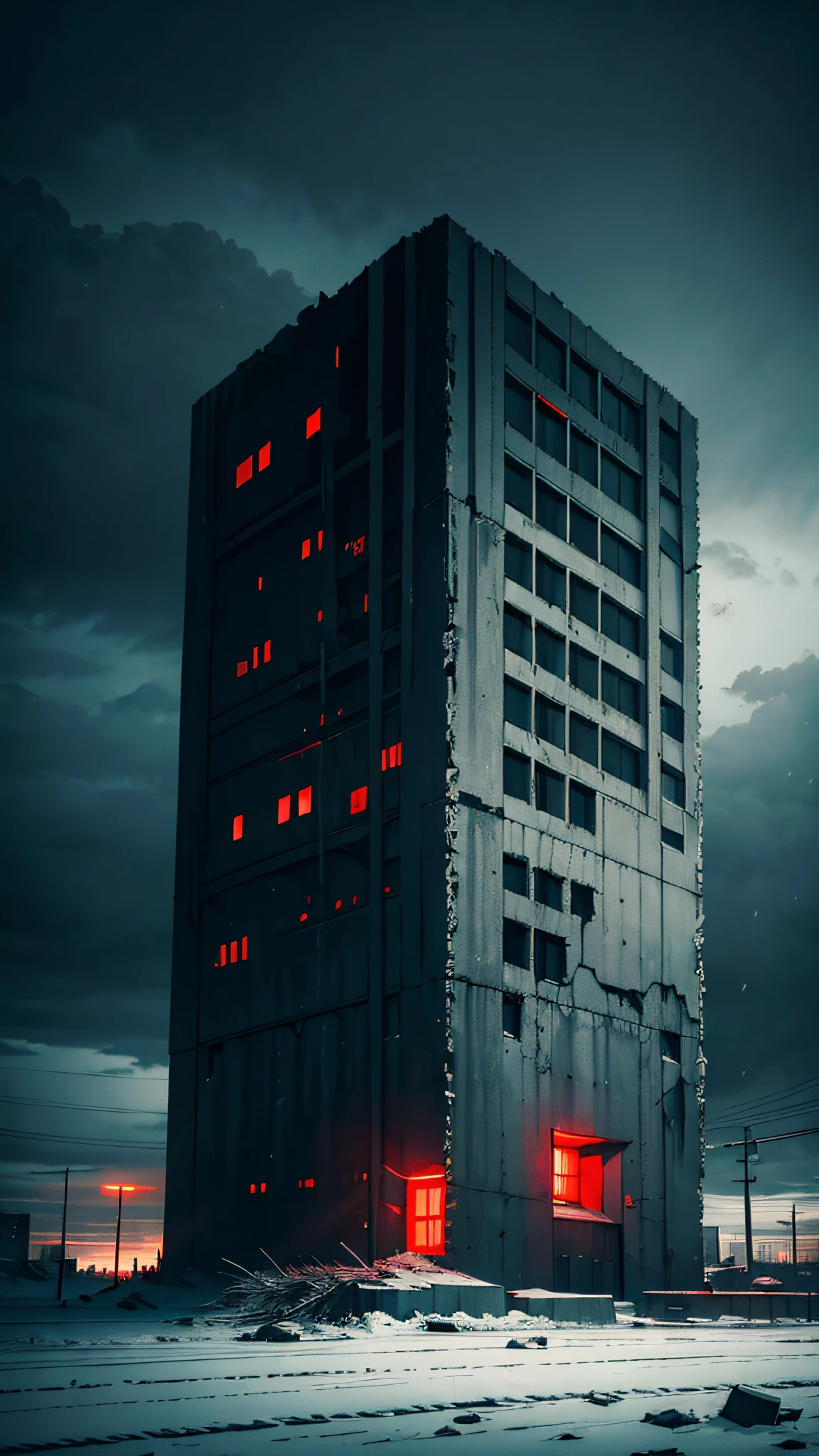 dark art, hopeless landscape, highly detailed landscape, tundra, loneliness, massive concrete building, giant concrete futuristic brutalism redearch station, abandoned, faint red alarm lights, falling snow, dark art, dystopian atmosphere, edge of the world, broken and frozen snowmobiles, metal fragments, wooden fragments, scattered ashes, dark sky, overcast sky, gray sky