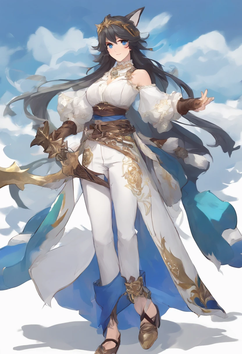 (ConceptArt:1.3), (Genshin Impact:1.2), (1girl:1.4), (独奏), (Russian Style:1.4), (whitebackground), (blue eyes:1.4), (pants:1.3), (white  shirt:1.3), (Army boots), (Fantasy:1.3), (black hair), (Fox ears), (More Details:1.4), big breastes, Character reference, character sheet