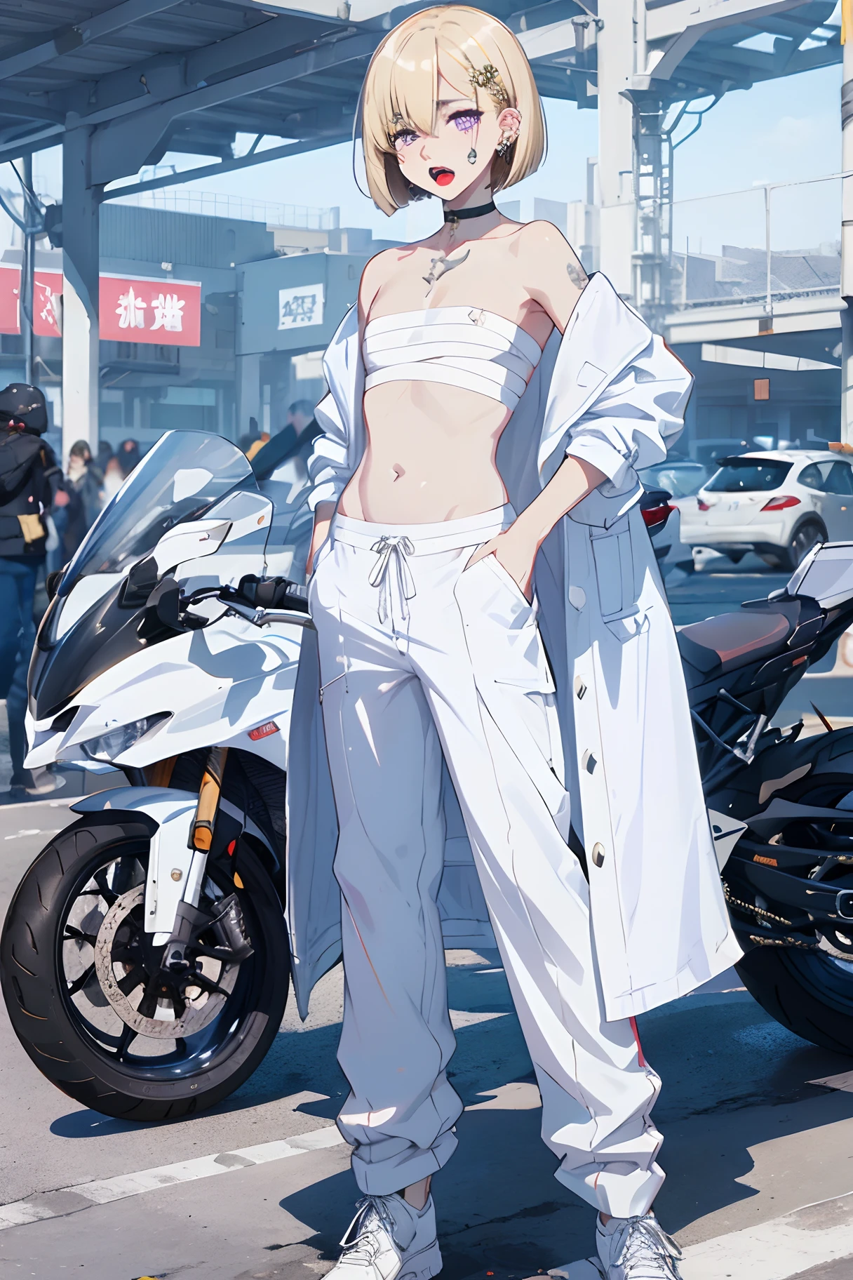 (master piece:1.4),ultra-quality, Hyper Detailed,Perfect drawing,3D Photography,16K illustrations、(((clearface)))、((Hi-Res))、1 persons、femele、Asian、Keep your hands in your pants pockets、Standing、(((a blond)))、(((a short bob))),The tattoo、(((Whitening skin)))、((Violet lipstick))、(Raised corners of the eyes)、((Outrage:1.1))、((chin raised))、(((opens his eyes wide)))、((despise:1.2)),((glares:1.2))、((Big open mouth:1.2))、(((Shout loud:1.3)))、((Wrinkles between the eyebrows))、(numerous piercings in the ears), BREAK (White theme:1.5), (Immaculate costume:1.5), (Light long coat in white:1.4), (A fusion of white strapless and white bandage:1.4), (white bandages:1.3), (((Bandage the chest and belly))),((White oversized pants, White baggy pants):1.4), (Combat boots:1.2),((Old Style Motorcycle:1.3)),(((car park))),Detailed drawing、Perfect Photo