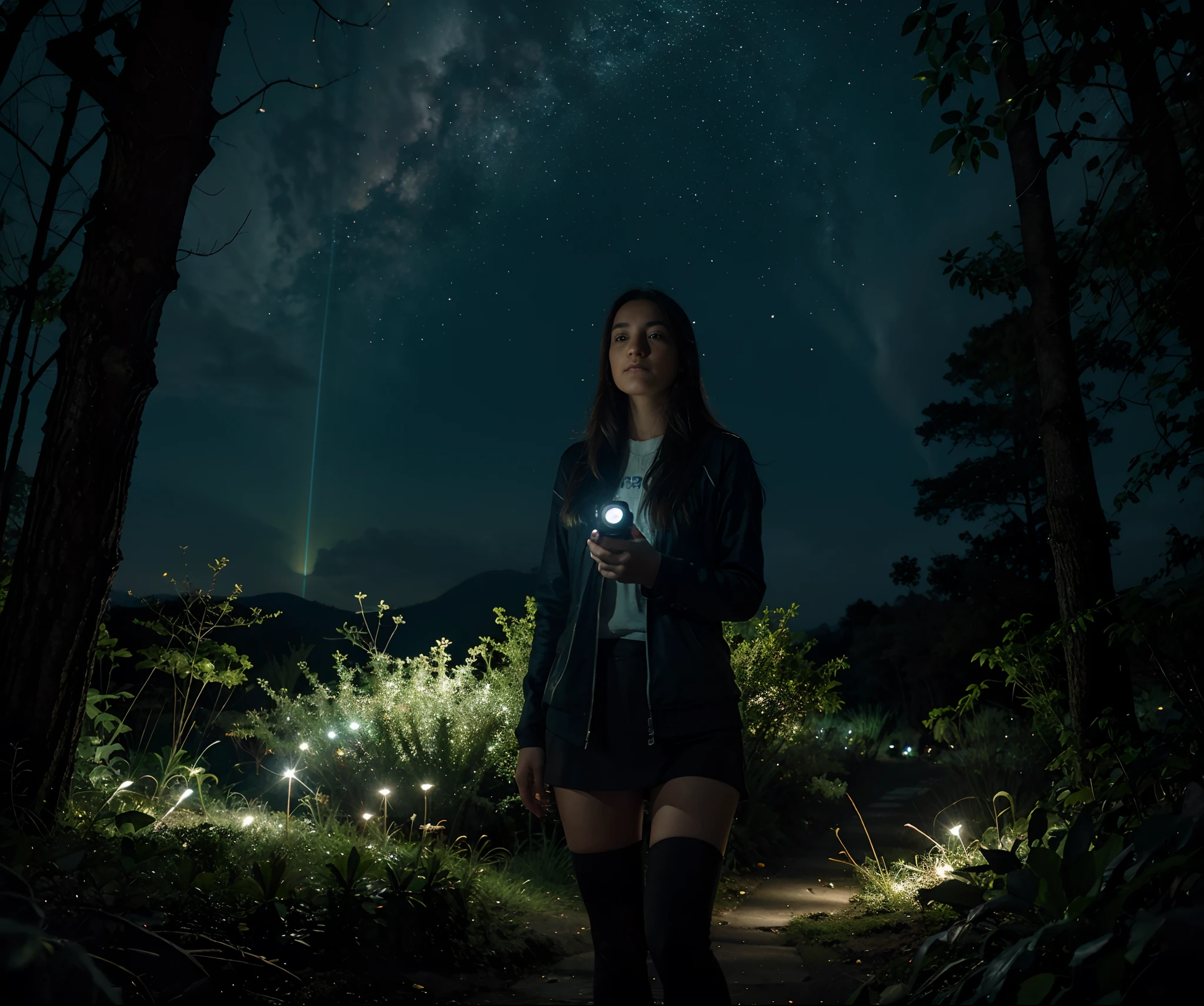 Bajo el cielo estrellado del planeta, The protagonist carries a high-resolution camera to capture the scene. Las criaturas bioluminiscentes llenan el aire, y su luz se refleja en la piel de la exploradora. The night forest looks like a garden of glowing fireflies, And the young woman immerses herself in this light show.