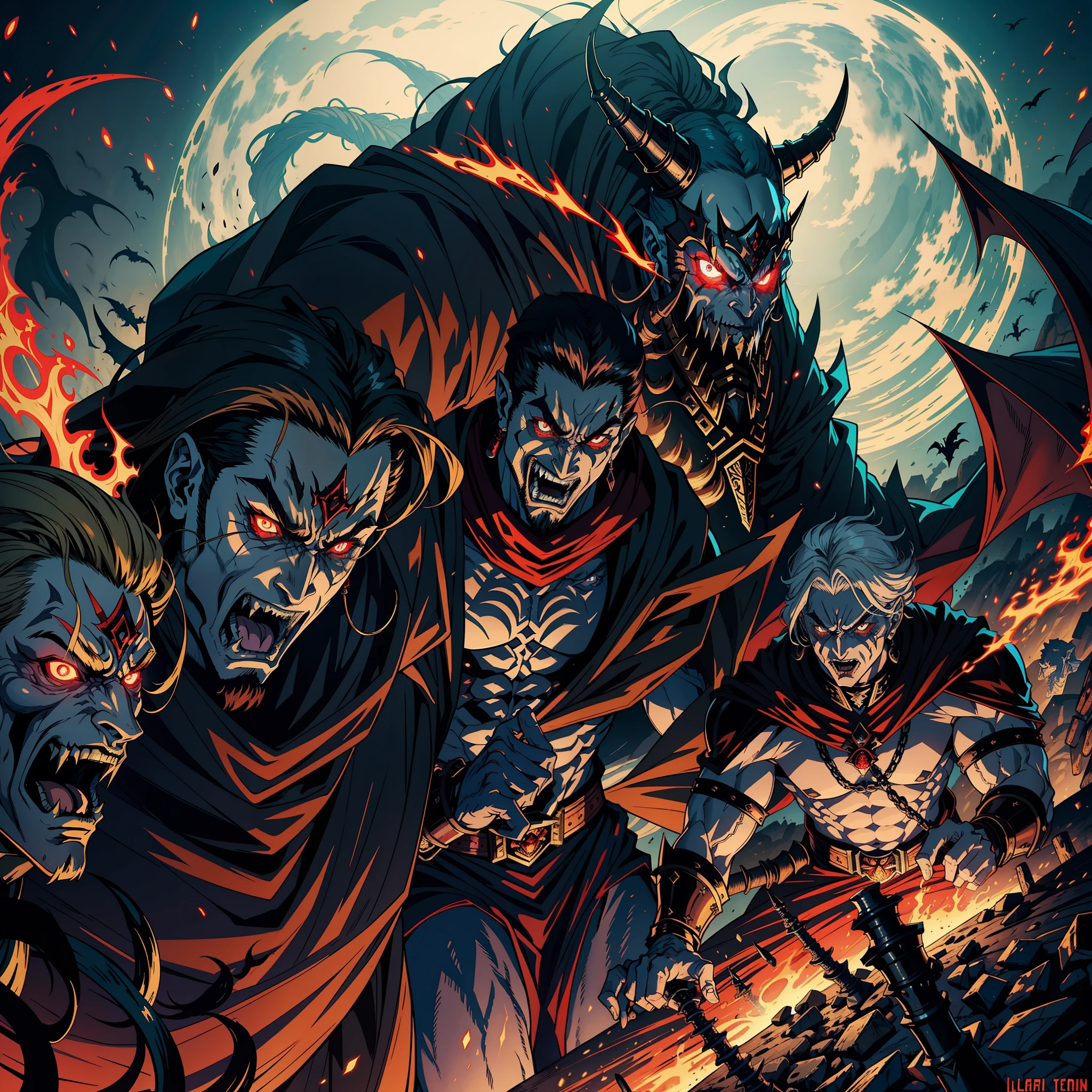 Castlevania Hyper Realistic Shadow Lord Super Detailed Dynamic Shooter Lord Dracula's centerpiece Medieval Arab Warrior with Red Turban Scary Face Hokuto No Ken Structure Muscular face Kenshiro with raoh surrounded by demons and 3 scary demons Speaking of old rolls