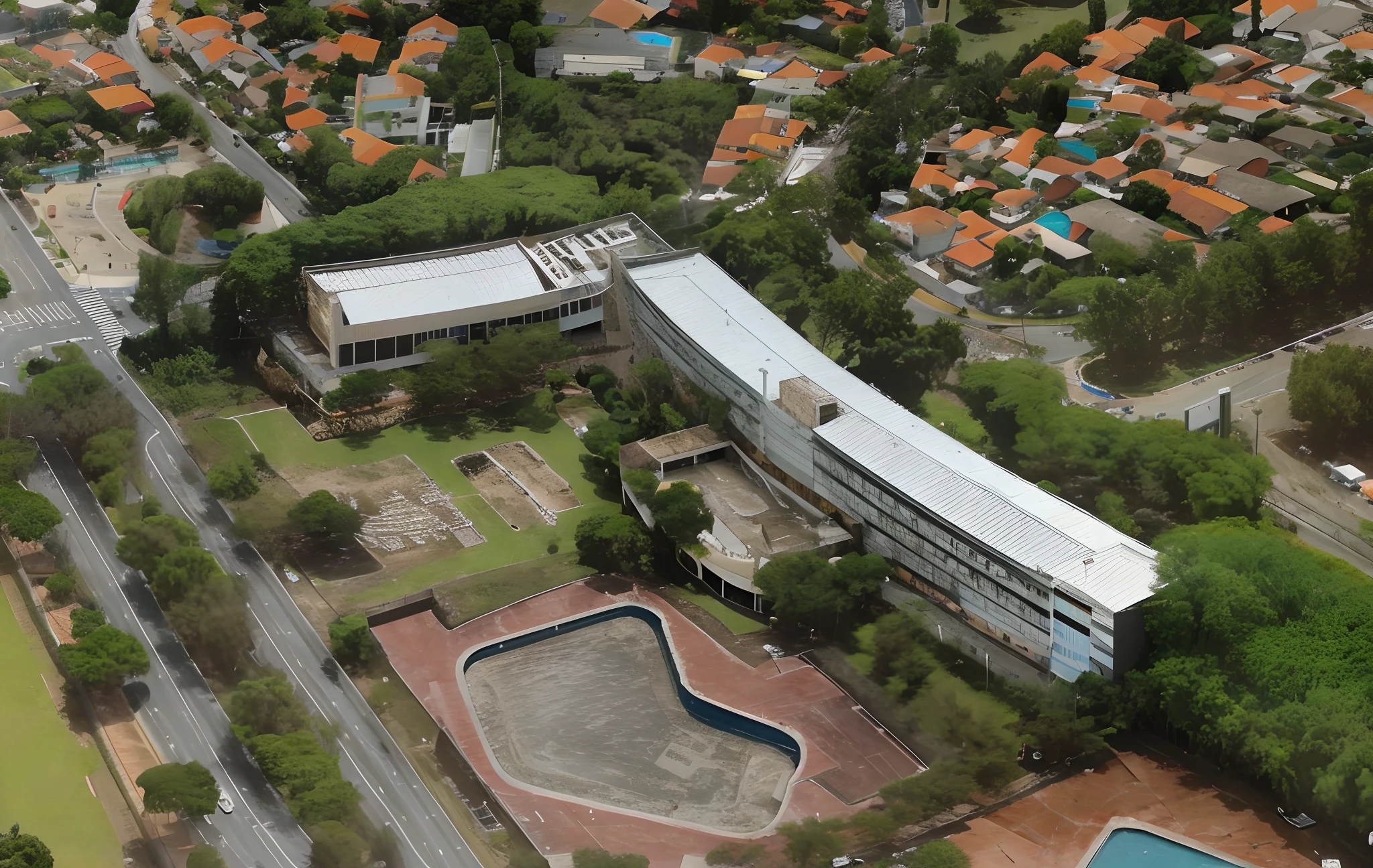 Aerial view of a large building with a curved roof and a swimming pool, air shot, foto tirada de cima, fotografia de cima, viewed from bird's-eye, aerial view from above, Ver Ariel, antena, japanese high school, Foto de cima, aerial photo, Aerial view, visto de cima, Tiroteio Arial, Oscar Niemeyer, viewed from the ground, restaure o edificio com tudo novo, e agua na piscina