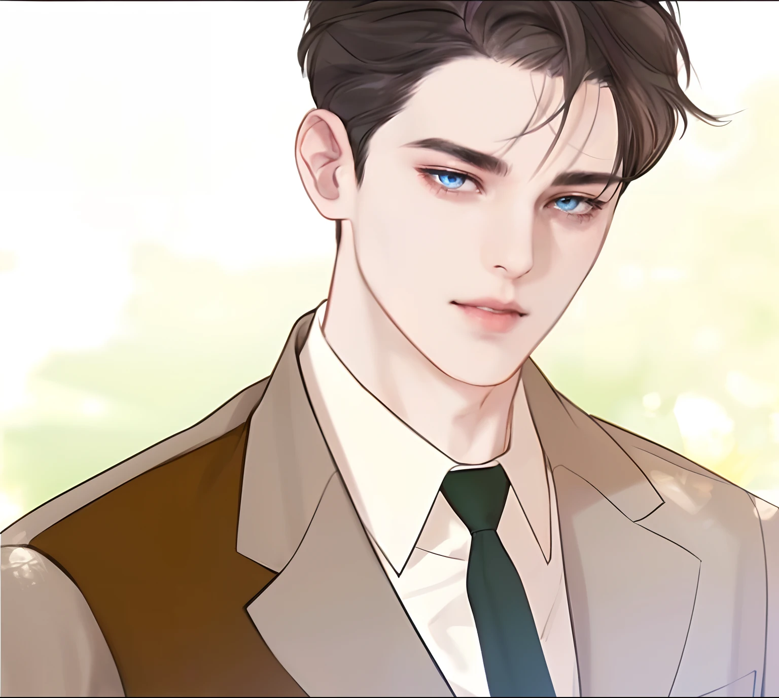 ((masterpiece)),(((best quality))), (detailed light) (detailed shadow), (high quality, breathtaking),(expressive eyes, perfect face), 1man, solo, male, tall, (mature), board shoulder, muscular, short Platinum hair, side swep bangs, blue eyes, smiling, white suit, white tie, daisy flower background, flower petal flying, windy, look at viewer, one ear earing.