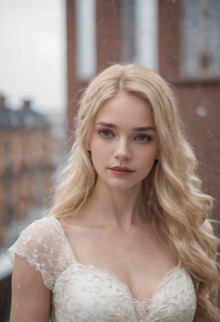 a 18 year old girl, White Spider-Man Dress, with long coiled hair,, Blonde, Beautiful face, Rain, roof, masutepiece, intricate detailes, Perfect Anatomy, Face and body details.