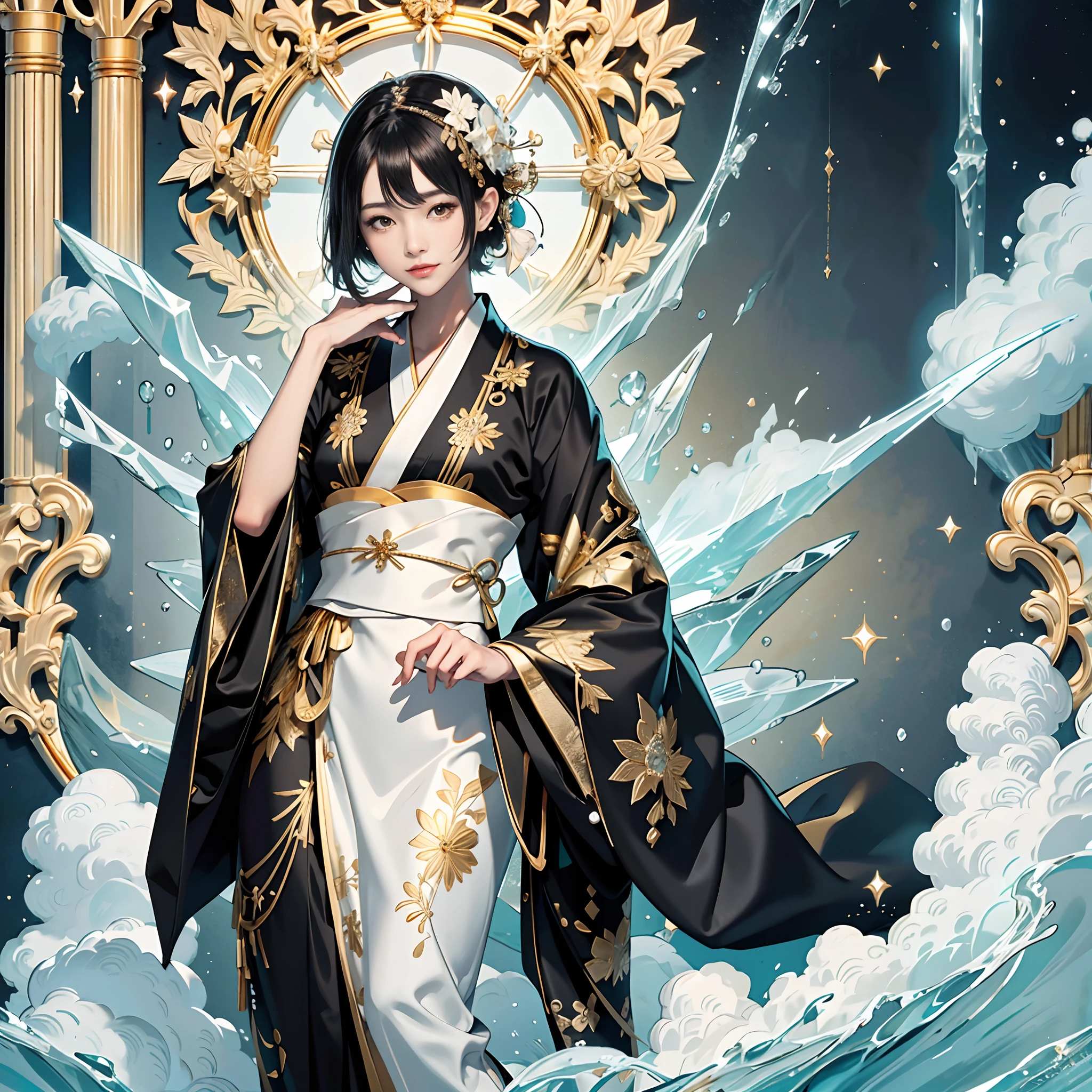 Background of details(Frozen City),BREAK ,elaborate costume(Luxury kimono(Black kimono(detailed embroidery(blanche,golds)))),BREAK,(1 Beautiful and classy adult woman(Shy smile:1.2)(Japanese actressl:1.2)(A dark-haired(short-hair:1.2))),(eye glass:1.2),(magia(Water in the right hand,Ice in the left hand)),BREAK,Wallpapers 16K,Blur the background,)(masutepiece,Best Quality,Portrait photos):1.5),full body Esbian