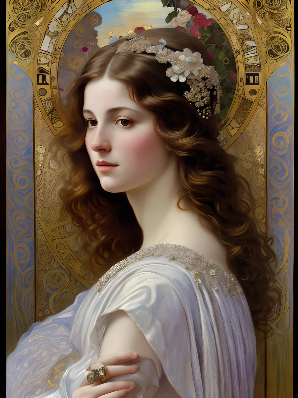 high quality, super realistic, Envision a hyper-realistic composition that seamlessly integrates the exquisite detail of John Singer Sargent with the dreamlike elegance of Alphonse Mucha and Gustav Klimt, creating a heavenly beautiful woman's portrait where realism and Art Nouveau mystique converge, A striking woman is depicted against a backdrop of silvery swirling patterns inspired by Mucha's iconic silvery ornamental designs, The woman is adorned in flowing garments that echo Mucha's romantic style, with intricate patterns intertwining seamlessly with the hyper-realistic details of her attire, by yukisakura, highly detailed, in the style of shiny rhinestone crystals.