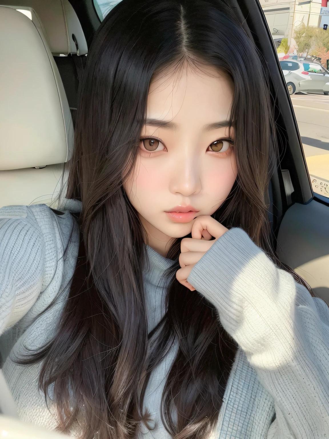 arafed asian woman sitting in a car with her hand on her chin, ulzzang, jaeyeon nam, jinyoung shin, korean girl, young adorable korean face, wan adorable korean face, gorgeous young korean woman, beautiful south korean woman, with cute - fine - face, beautiful young korean woman, bae suzy, with cute doting eyes