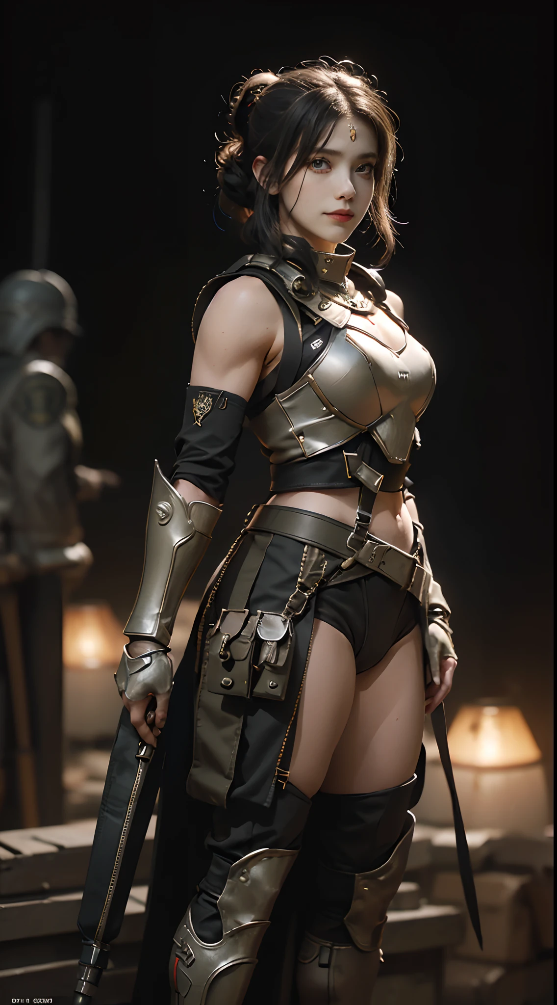 (Highest image quality, outstanding details, ultra-high resolution), 1 girl, wearing futuristic military outfit((inspired by Praetorian Centurion of Roman Empire, military harness, military gears such as pouches)), (glamour body:1.2, buffed and muscular body), (a bit chubby:0.5), background military base, mild smile, dynamic pose, dramatic lighting, full body