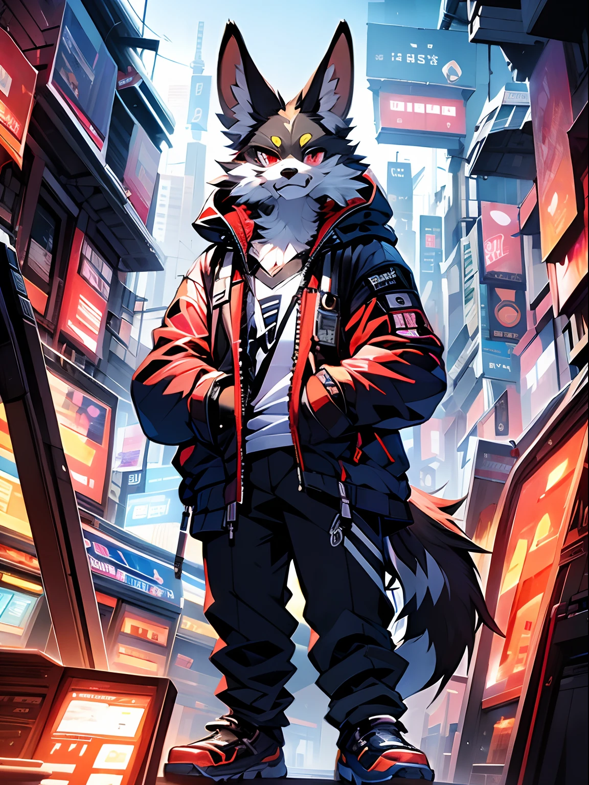 tmasterpiece,hight resolution,8K,high quarity,BREAK,BREAK,(medium build,Black fur,Red pupils,Bright yellow coat,)) coyote, Broken, mascular, male people, human - shaped,Bright yellow sweatshirt,hoods,(Cyberpunk style,城市,mechanised),独奏