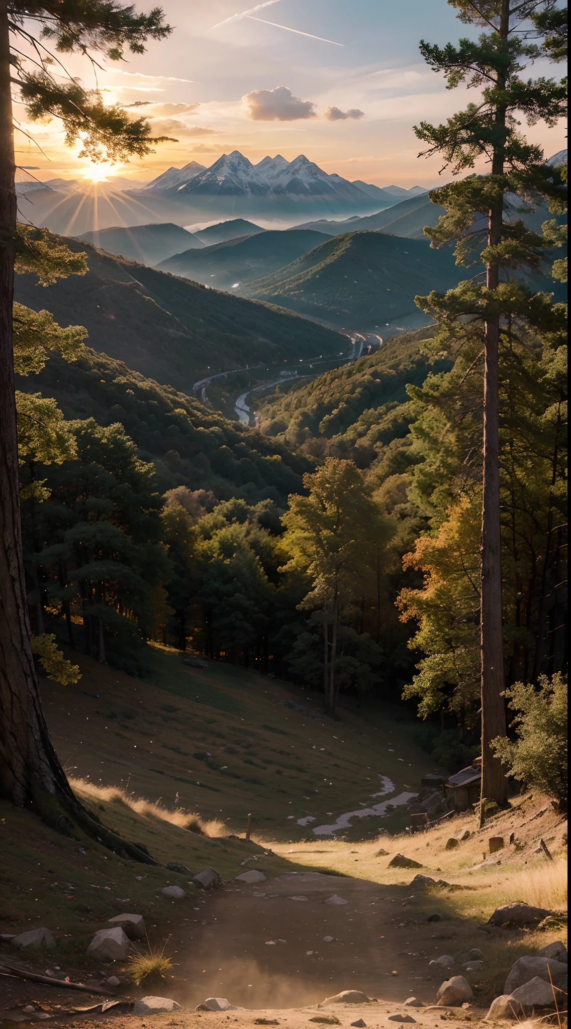 Please create a stunning ultra high-quality photo of an anime world landscape during the evening, with beautiful rays of the setting sun, a mesmerizing view of trees and mountains