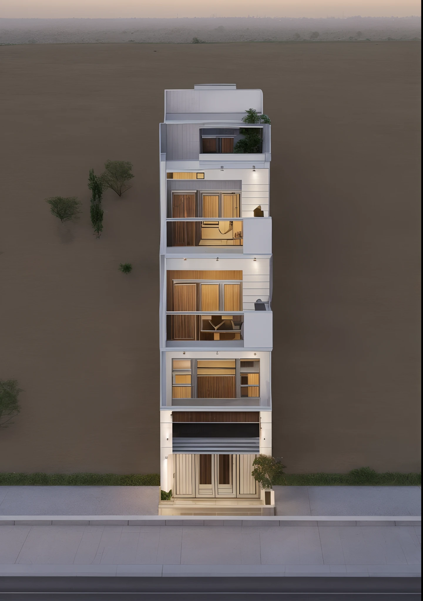 Realistic images, extremely detailed, a modern house, 1 road in font of house, large yard made by ceramic, (1 car), brick fence, lawn, a few small flowers, a road in front of the house, main materials of the house are white walls and red brick, Modern design, clear blue sky, sunrise light, light from inside, dynamic light,shimering light, cinematic light, romantic feeling, (((day light, warm light)))