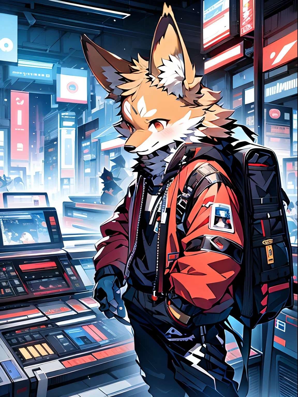 tmasterpiece,hight resolution,8K,high quarity,BREAK,BREAK,(medium build,Black fur,Red pupils,Bright yellow coat,)) coyote, Broken, mascular, male people, human - shaped,Bright yellow sweatshirt,hoods,(Cyberpunk style,城市,mechanised),独奏
