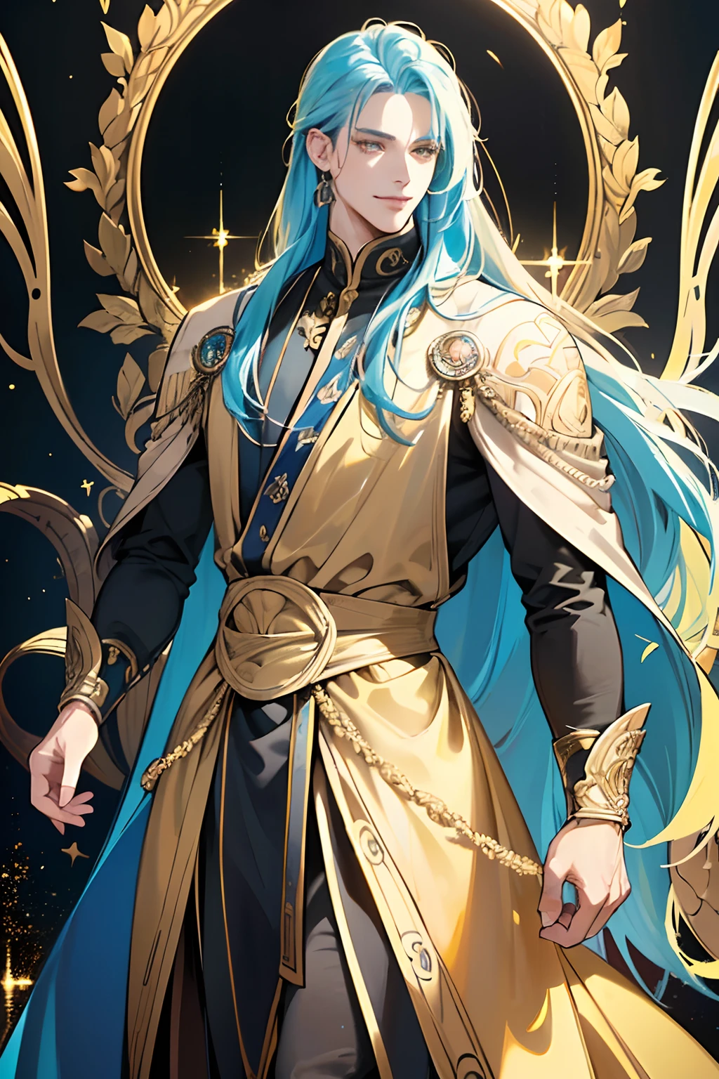 {(best quality, 8k, masterpiece, HDR, soft lighting, perfect image, digital illustration, manhwa art, hyper detailed image, perfect lines, realistic)} 1 very handsome man, long blue hair, yellow eyes, olive skin, clothes luxurious (imposing posture, smiling), {(black background with golden sparkles)}