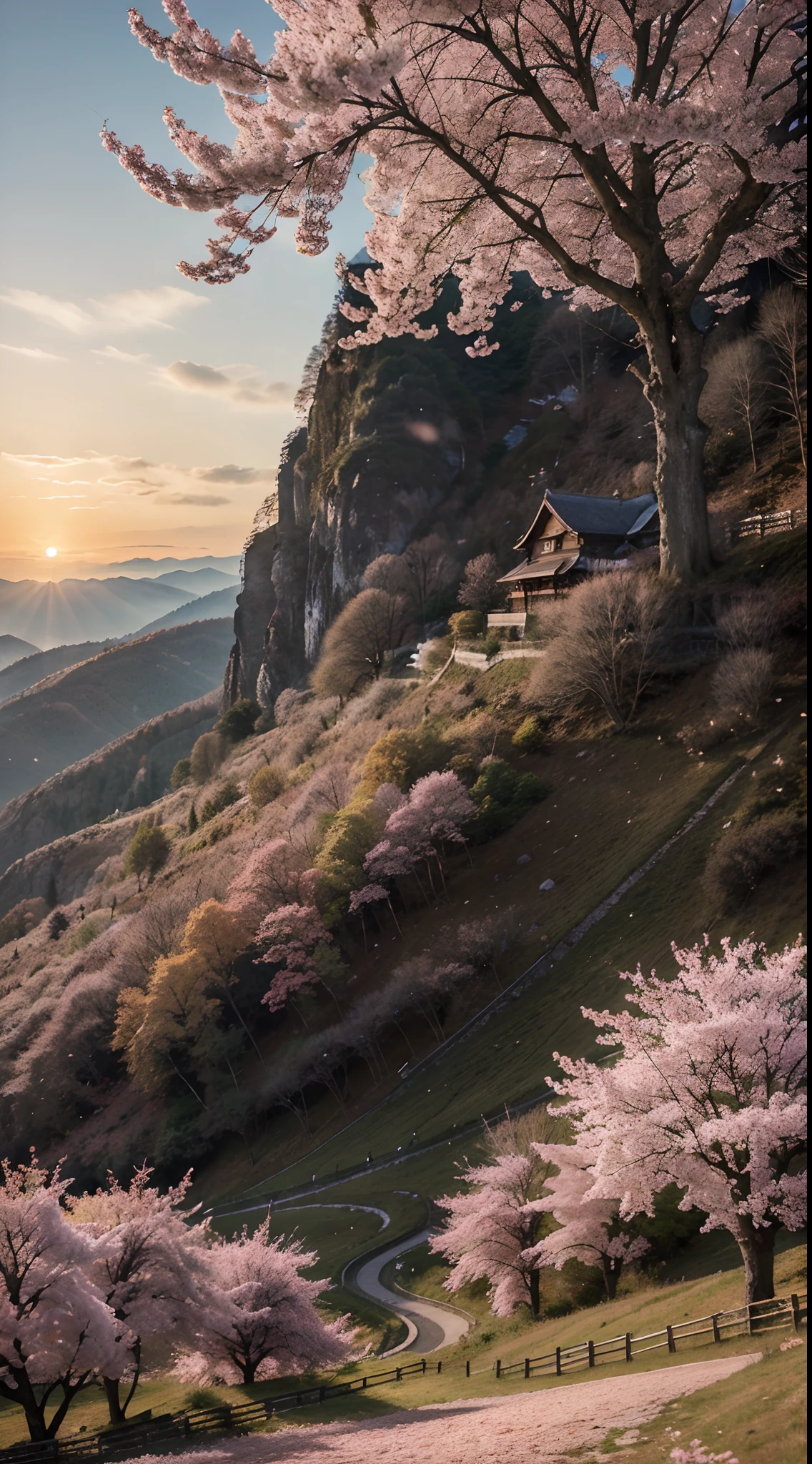 Please create a magnificent artwork depicting an anime landscape during the tranquil evening, with the gentle glow of the setting sun illuminating a breathtaking scene of cherry blossom trees and other enchanting foliage in a mystical mountain setting. Transport us to a world of fantasy and wonder with this mesmerizing artwork.