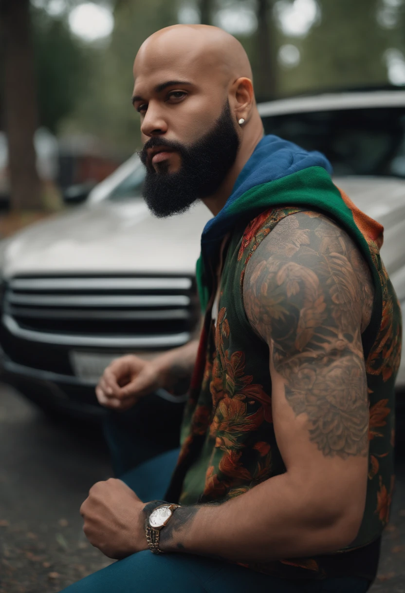 Realistic fat bald drug dealer with a beard wearing amiri clothing in the hood