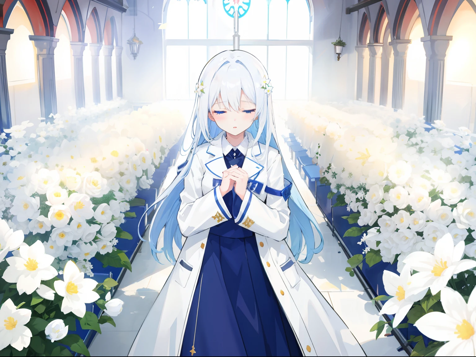 In churches，1girll，White color hair，long whitr hair，blue color eyes，（Carefully portray the face），Height 166cm，high school senior，adolable，White trench coat，Glazed eyes，Fold your hands to your chest，closing her eyes，There are many white flowers around，serene，Poignant，（Carefully depict the action），There is a lot of foam around，（Carefully portray clothes），（Carefully depict the expressions），Day Man Girl，tmasterpiece，8k wallpaper，Ambient light，Poor milk，the night