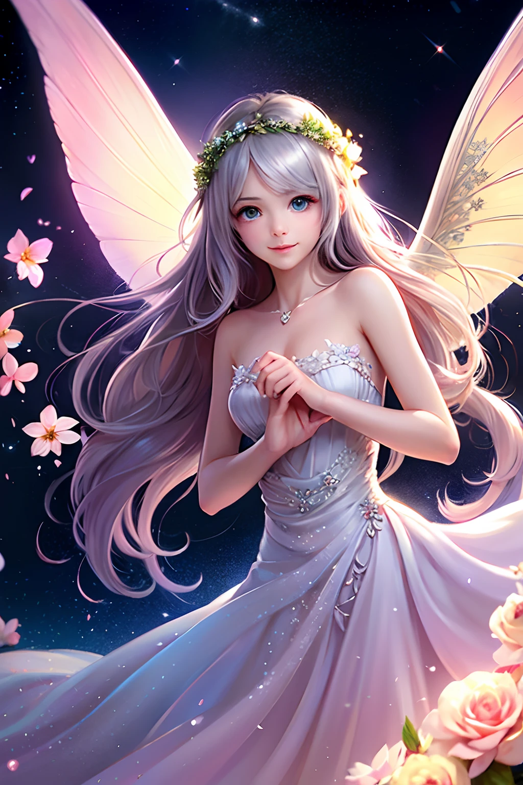 Fairy, romantic, pink, flowers, gentle, wings, long silver hair, celestial, twinkling sky, flower crown, long flowing dress, silk, dreamy,