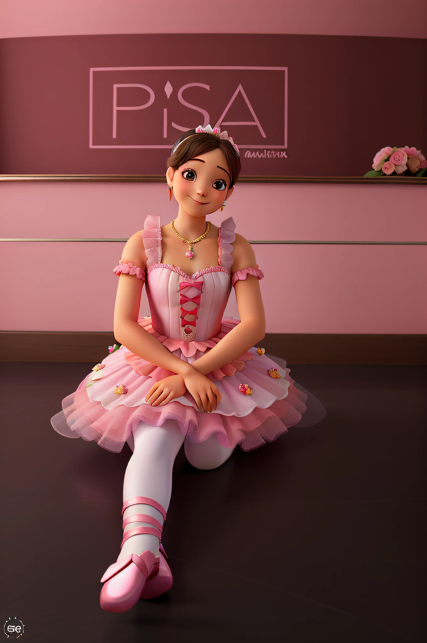 UMA BAILARINA BRANCA SORRINDO COM UM VESTIDO TODO ROSA TUTU COM FLORES ROSAS MAIS ESCUROS NA SAIA E COM SAPATILHA ROSA AMARRADA NA PERNA ALTA QUALIDADE, MELHOR QUALIDADE