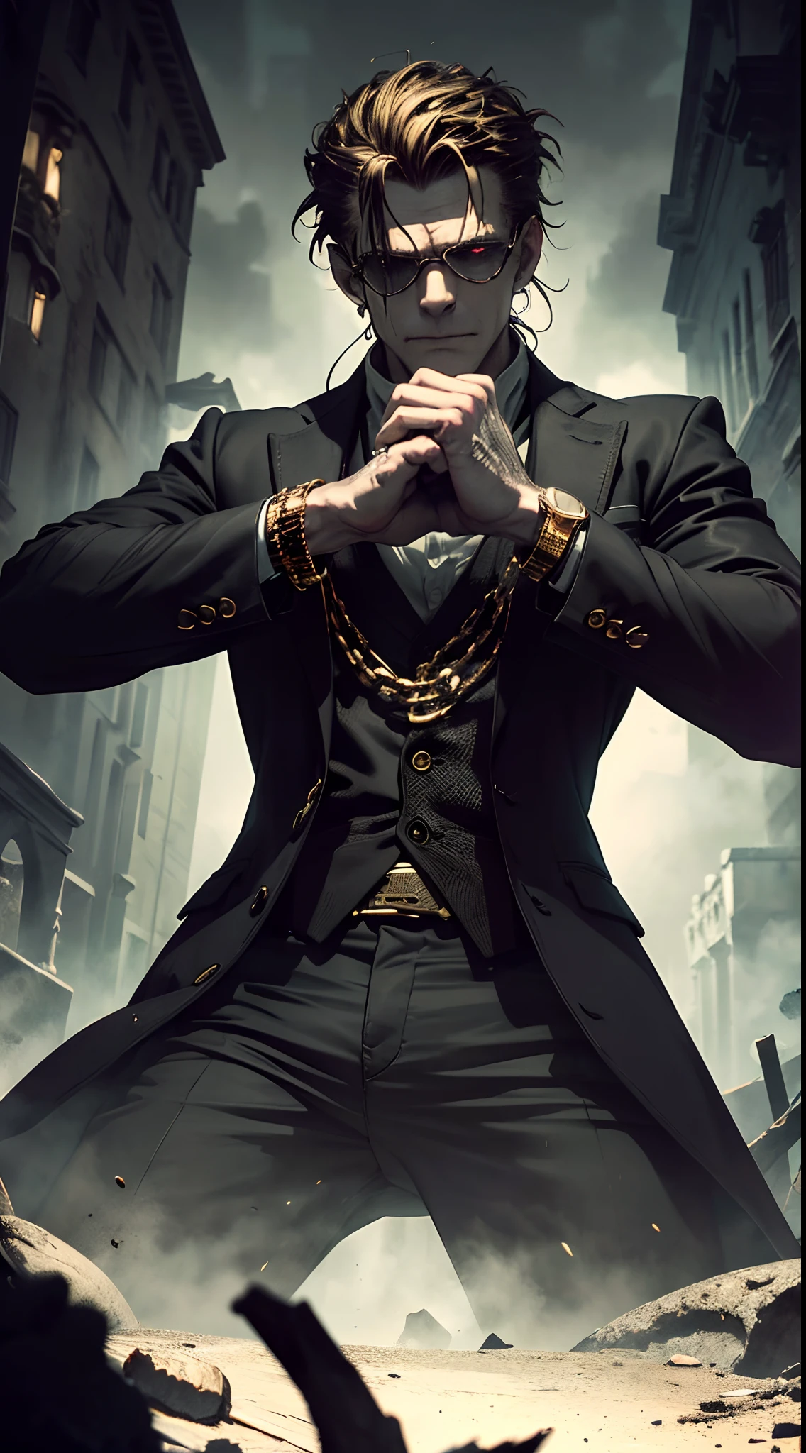 (masterpiece:1.2), high-resolution, Frankenstein monster, rotten, with black glasses, gold watch, thick gold chains, wearing old suit, fist in hand pose, action pose, hyper-detailed, detailed hands, perfect hands, eerie atmosphere, dark shadows, dramatic lighting, vibrant colors, hauntingly beautiful, gothic element, surreal composition, intricate textures