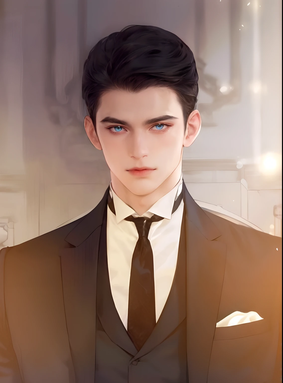 (masterpiece,best quality,ultra_detailed,highres,absurdres),1 mature male, 30-ish, (wide shoulder), (muscular), male focus, solo, black hair, chain, shirt, black necktie, necktie, simple background, blue eyes, upper body, vest, short hair, looking at viewer, parted lips, collared shirt, round eyewear, long sleeves, black shirt, black vest, monocle, jewelry, lawyer, court background.