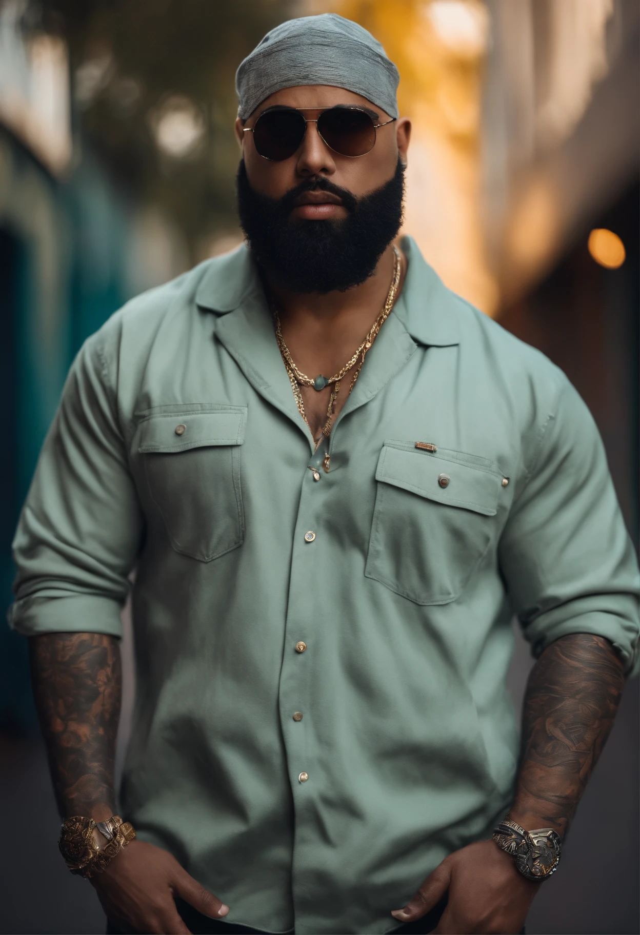 Realistic fat bald drug dealer with a beard wearing amiri clothing in the hood