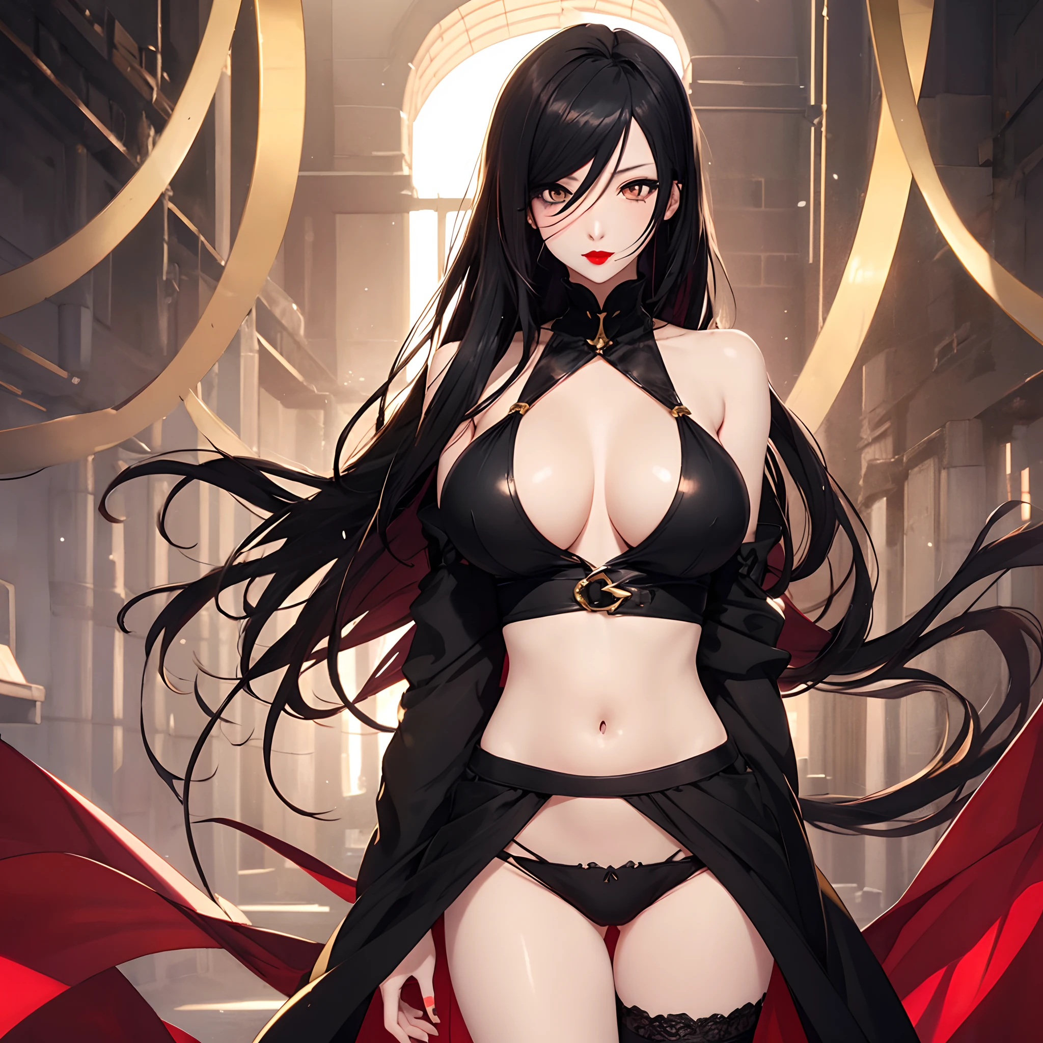 sexy anime girl, long black hair, gold eyes, long eye lashes, red lips, big breasts, black clothes, drakengard