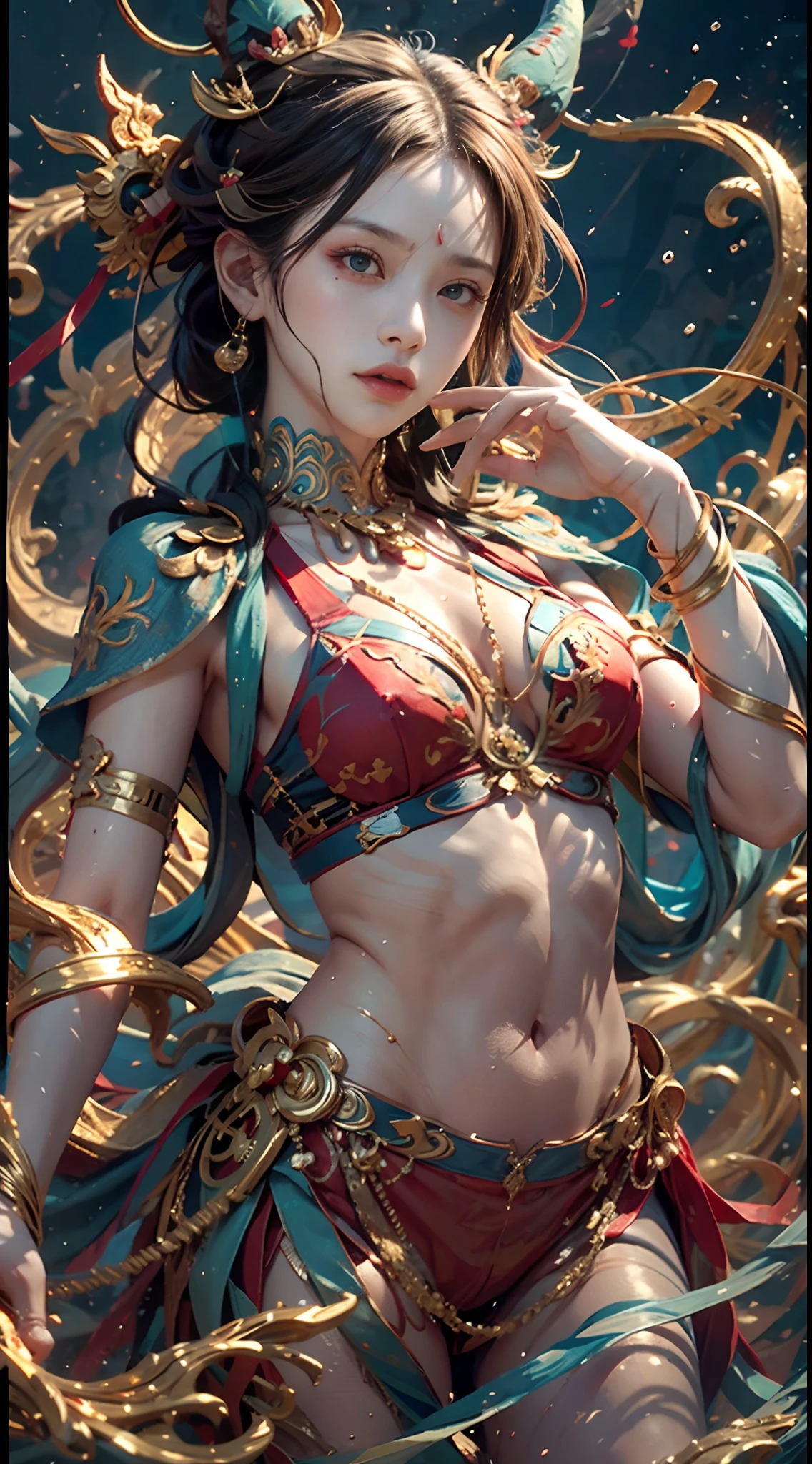 A girl, a dragon behind him, Dunhuang style, underwater, flying action, red ribbon wrapped around the body, surrealism, surrealism, supremacy, classicism, ultra hd, retina, masterpiece, ccurate, textured skin, anatomically correct, super detail, high detail, high quality, 1080P, high resolution, best quality, award-winning, 16k, 8k, 4k, hd