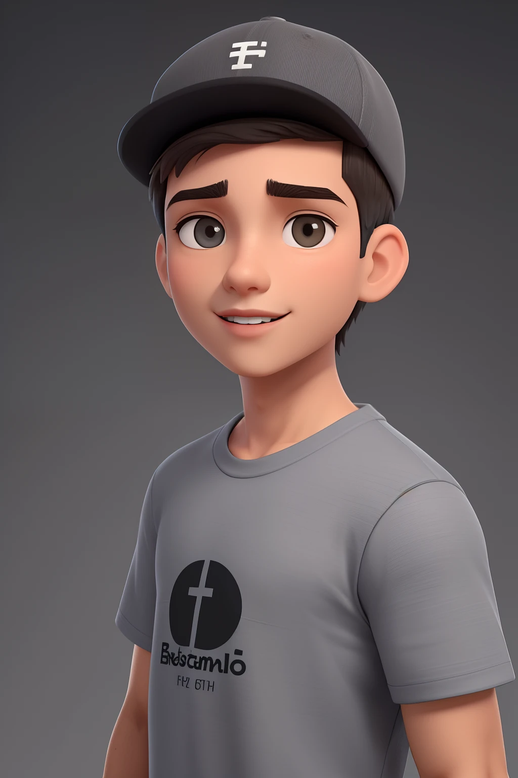 um jovem incrivelmente bonito e quente de 19 anos com cabelos castanhos escuros curtos e olhos castanhos, angular jaw, face da caixa, barba de restolho, Alto e magro, wearing a casual shirt and a cap. dark gray background and studio lighting, Yearbook pose, close-up do personagem, retrato headshot do personagem, close-up do personagem.